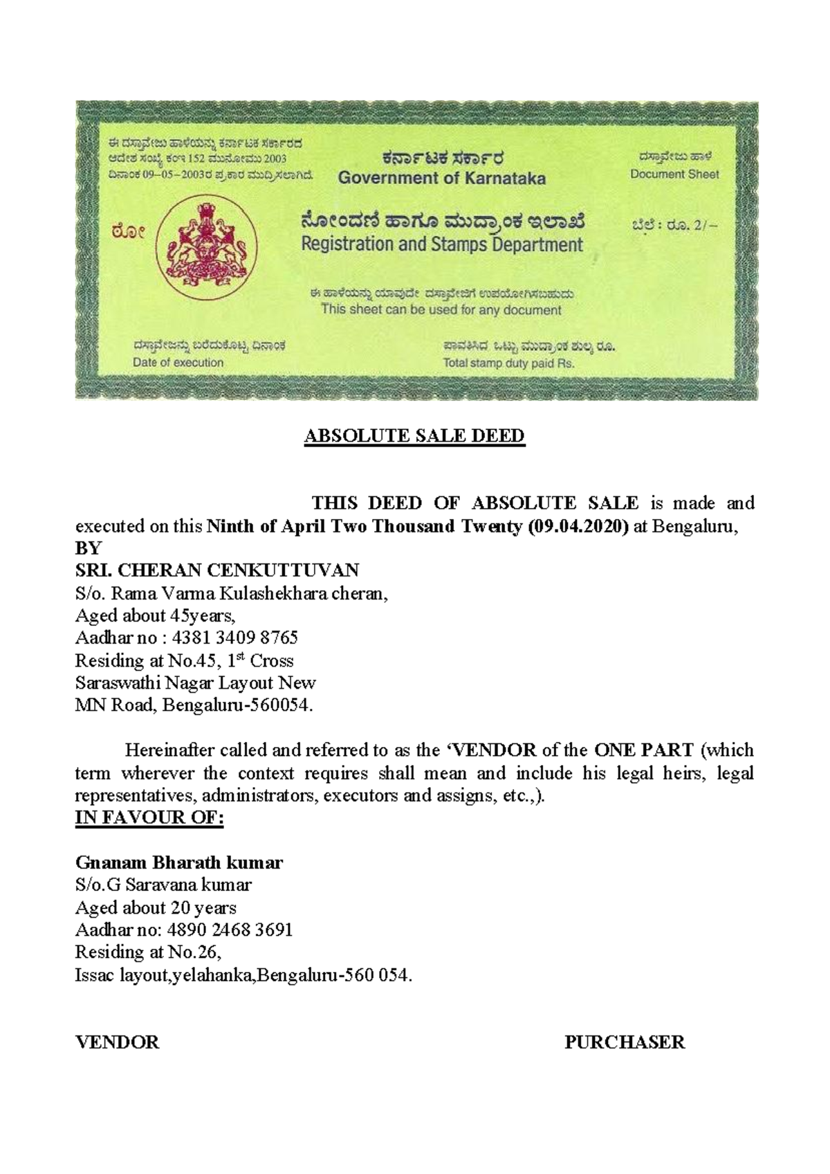Sale deed on particular land - ABSOLUTE SALE DEED THIS DEED OF ABSOLUTE ...
