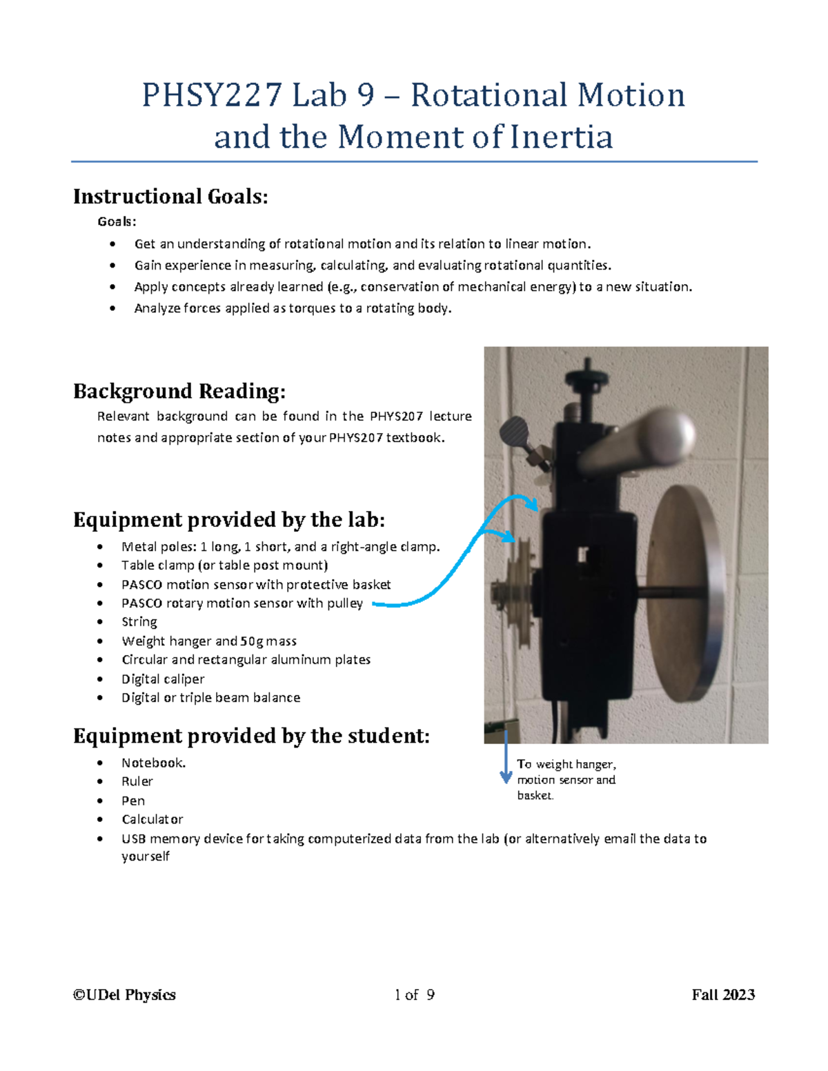 9 - Rotational Motion and the Moment of Inertia - PHSY2 27 Lab 9 ...