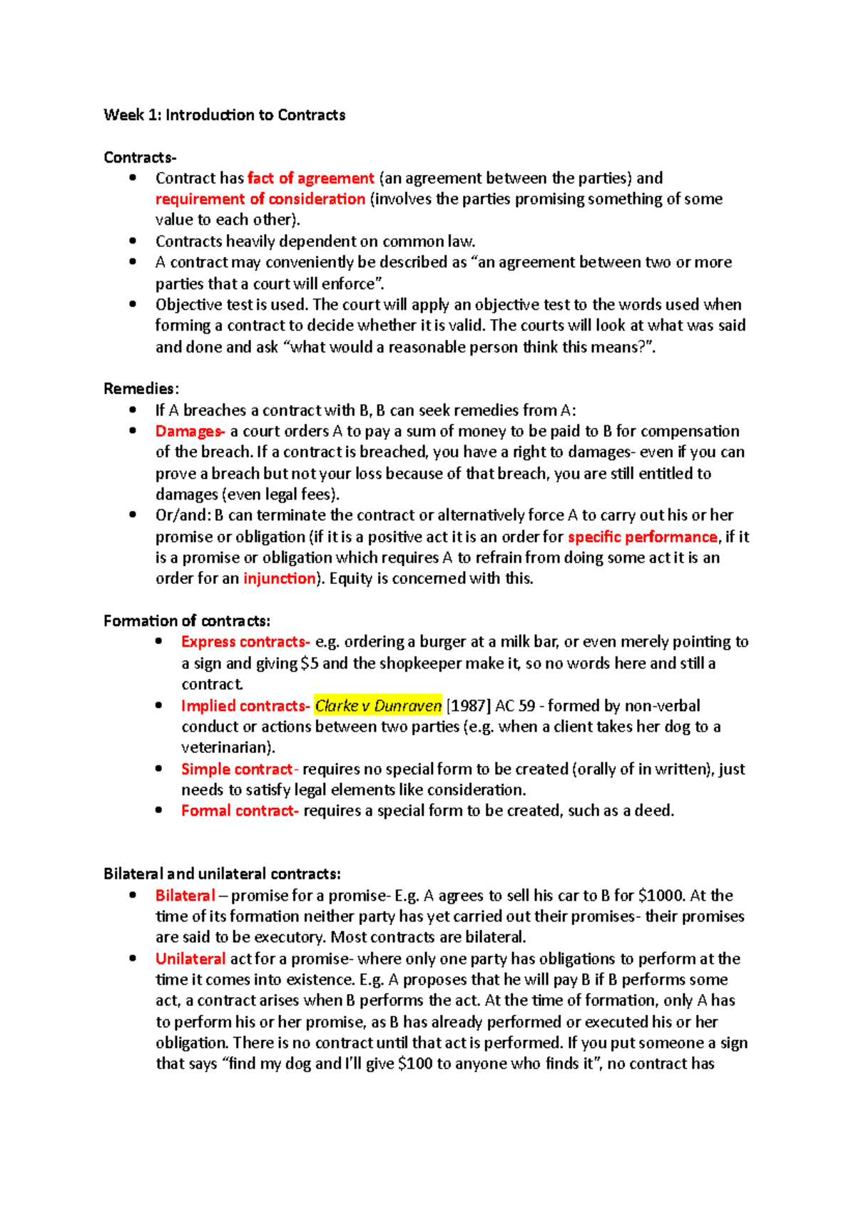 First 4 Weeks of Contracts Notes - Week 1: Introduction to Contracts ...