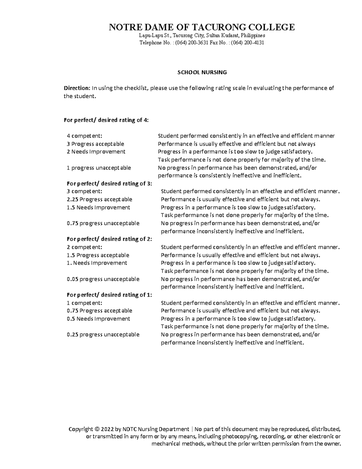 School-Nursing-Evaluation-Sheet - NOTRE DAME OF TACURONG COLLEGE Lapu ...