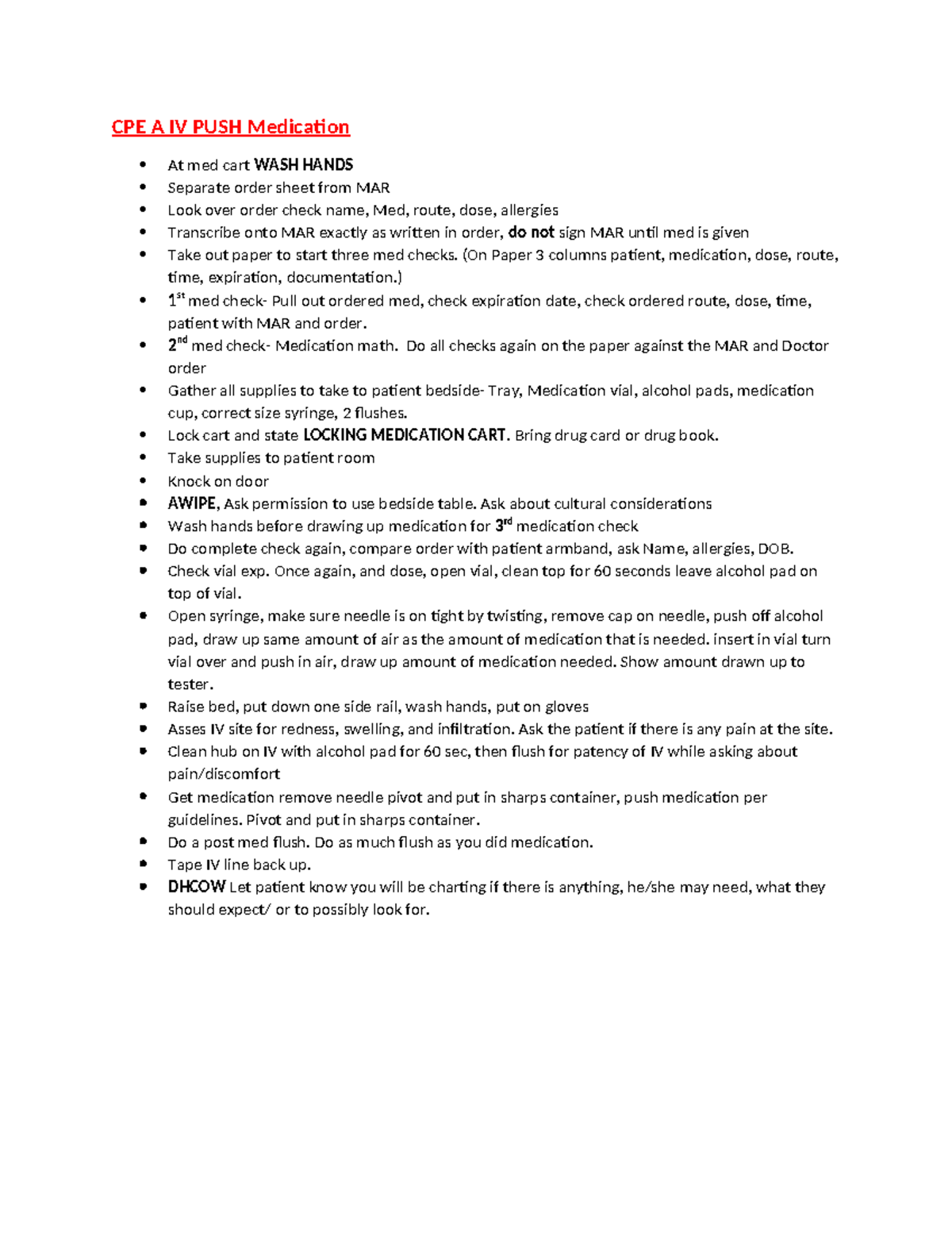 CPE+A+IV+Push+steps practice CPE A IV PUSH Medication At med cart
