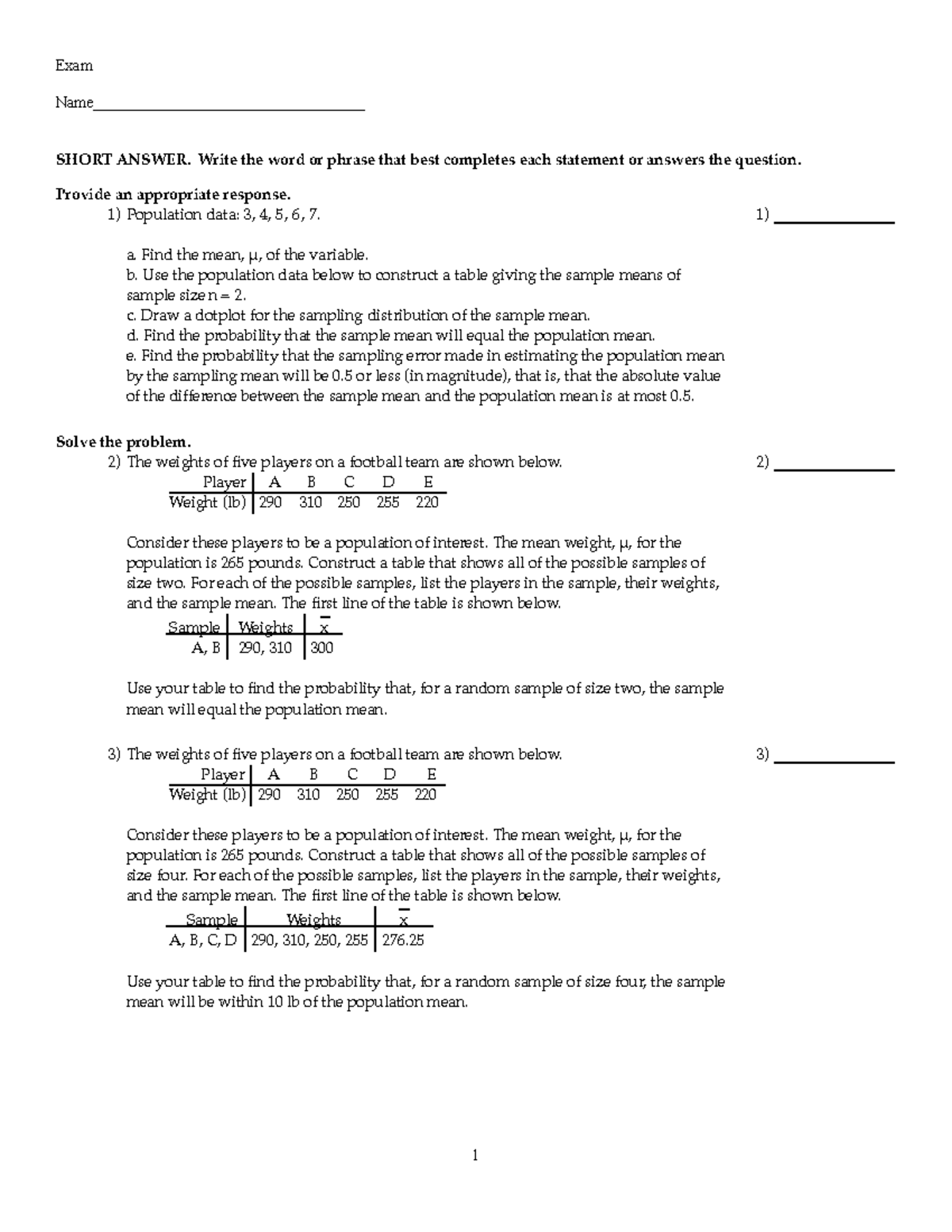 Practice Test Ch 7 - Exam Name___________________________________ SHORT ...