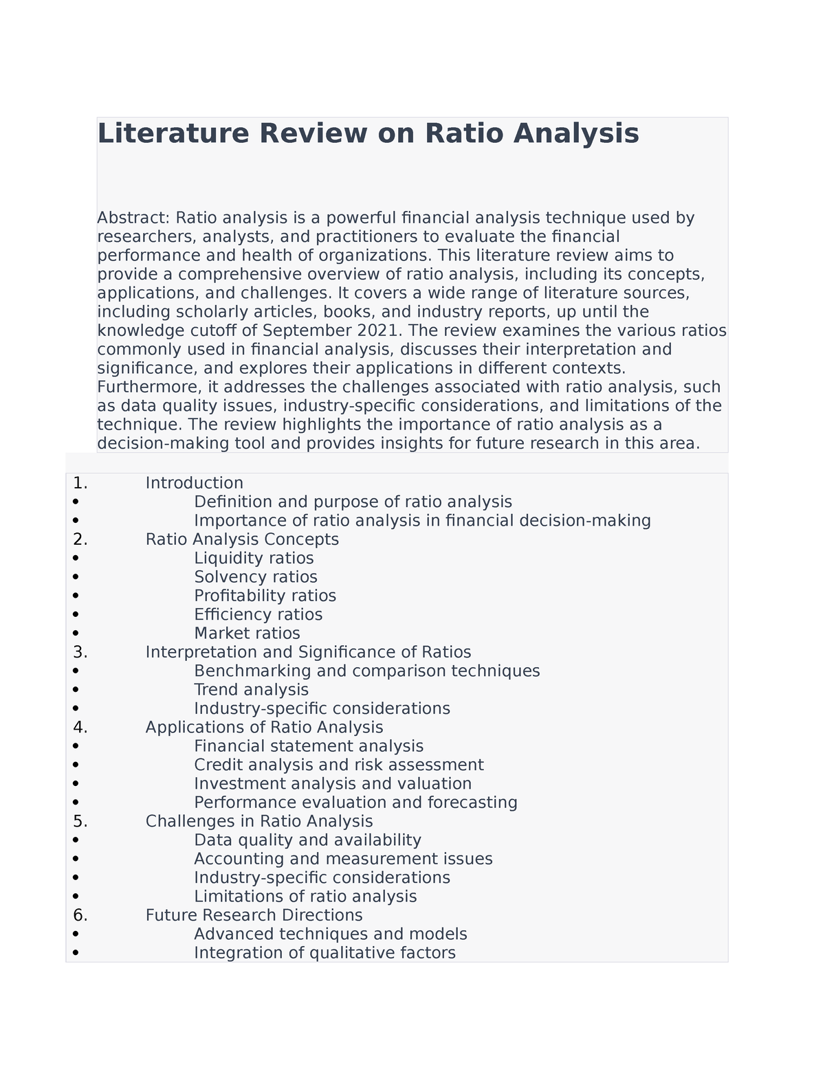 ratio analysis literature review pdf