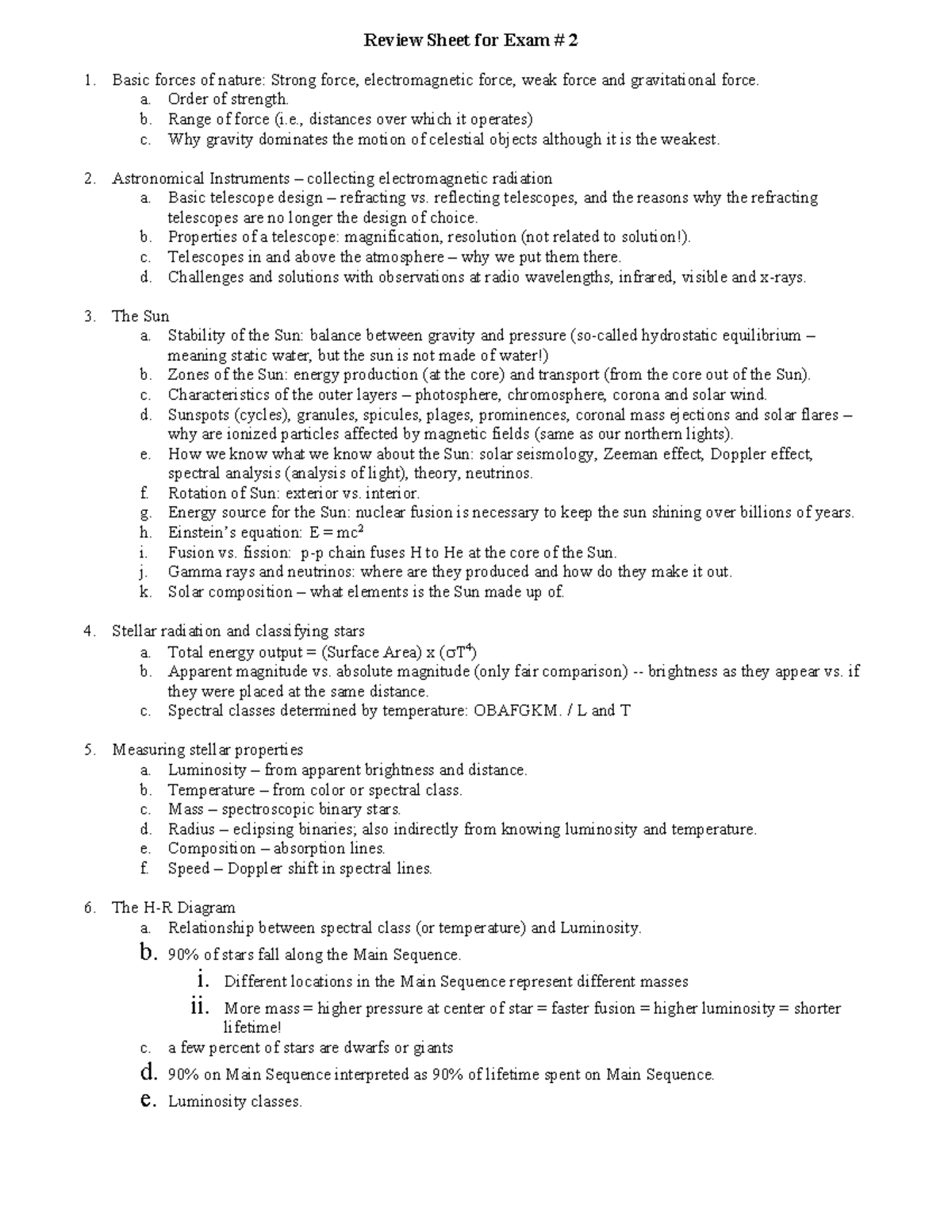 ASTR 010 Exam 2 Review - Review Sheet for Exam # 2 Basic forces of ...