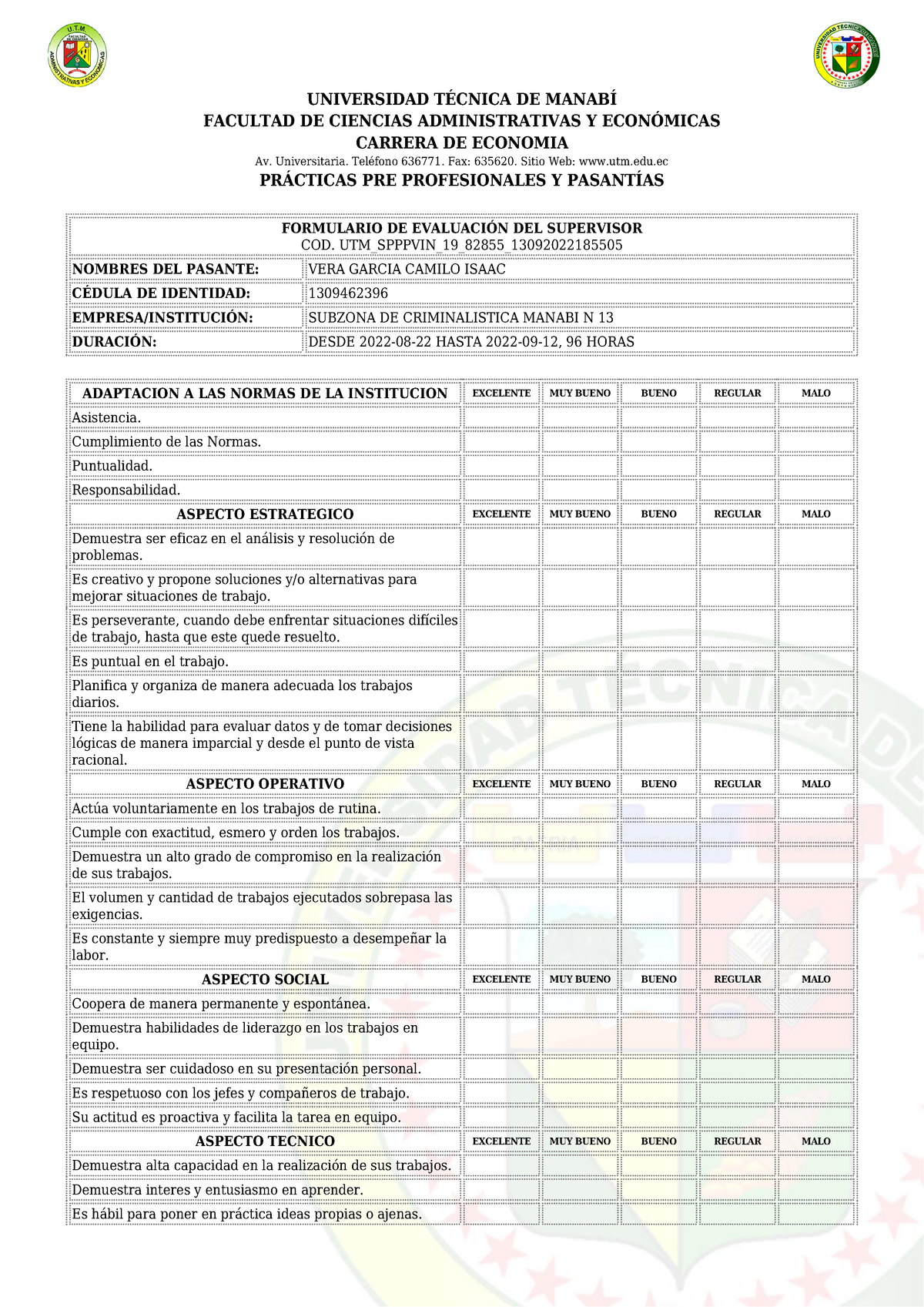 Evaluacion Supervisor - UNIVERSIDAD TÉCNICA DE MANABÍ FACULTAD DE ...