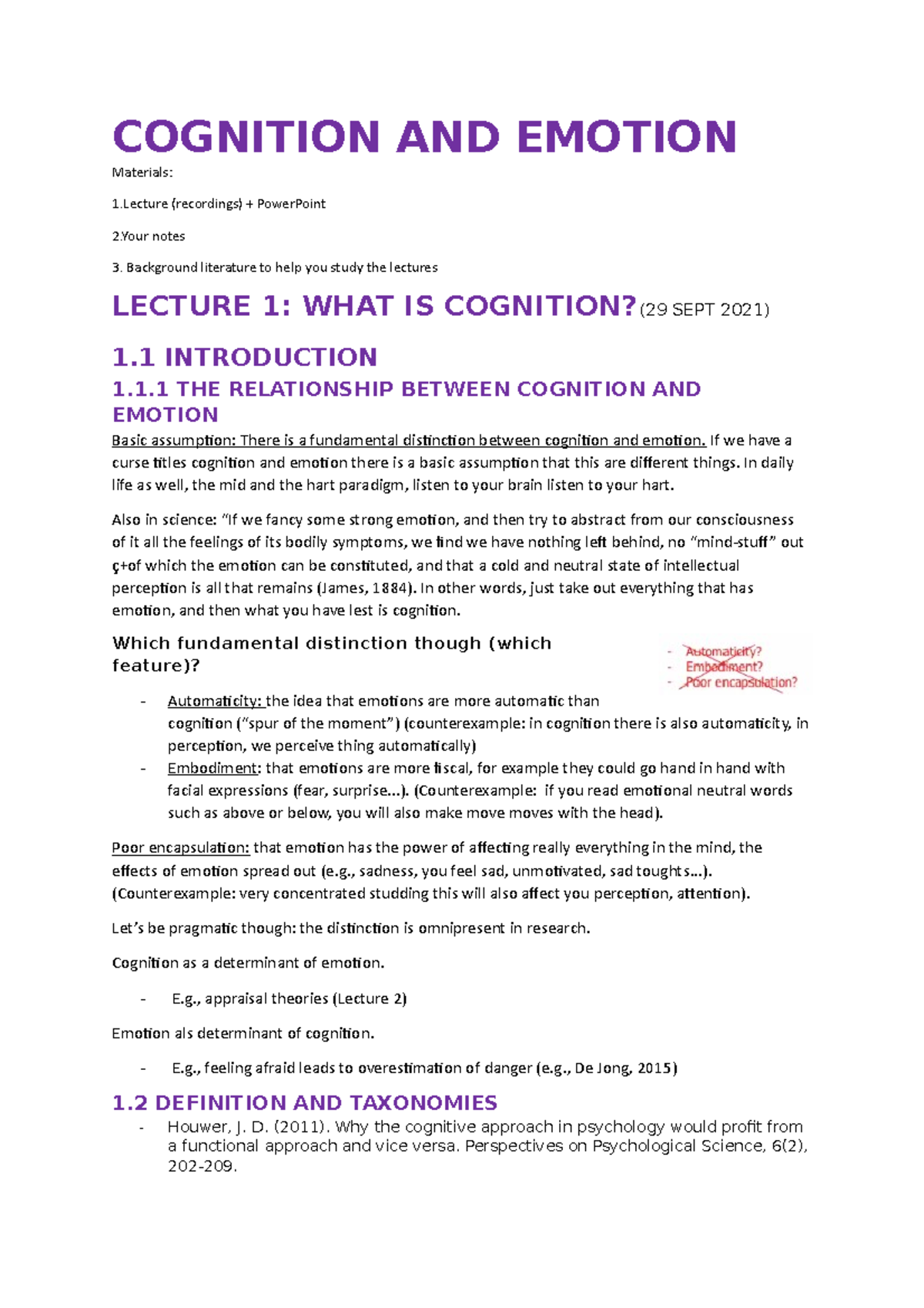 Cognition AND Emtion - ERASMUS - COGNITION AND EMOTION Materials: 1 ...