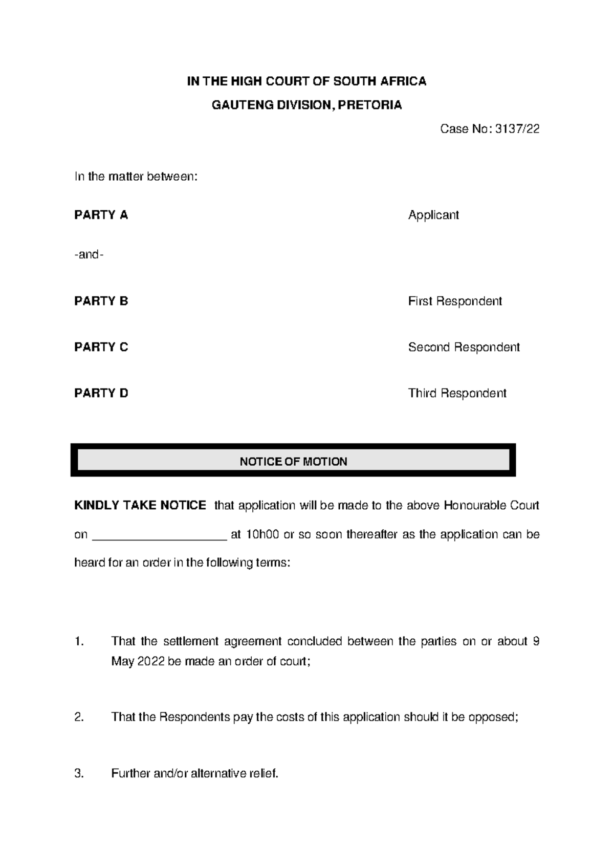 Notice of Motion - IN THE HIGH COURT OF SOUTH AFRICA GAUTENG DIVISION ...