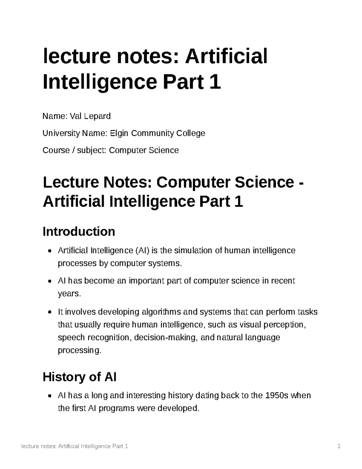 Lecture Notes Artificial Intelligence Part 1 - Lecture Notes ...