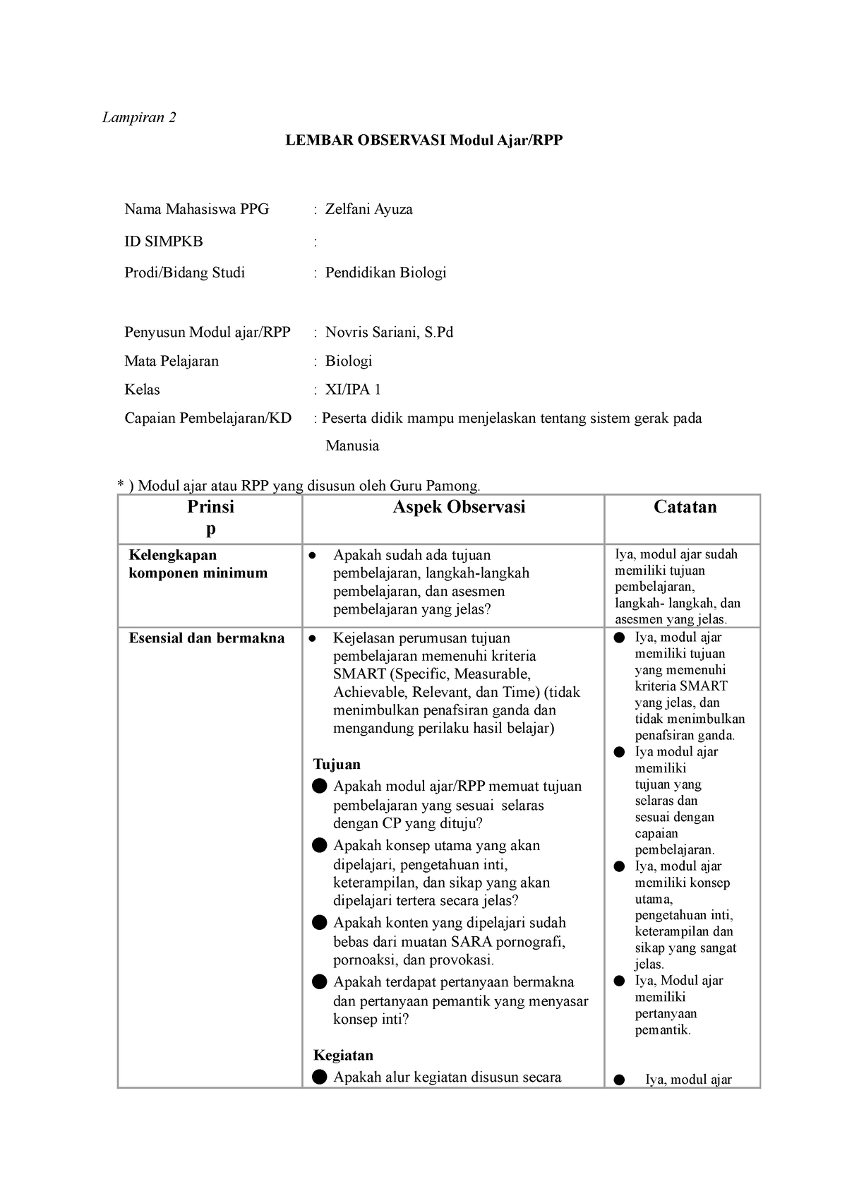 Lampiran 2 Telaah RPP Modul Ajar - Lampiran 2 LEMBAR OBSERVASI Modul ...