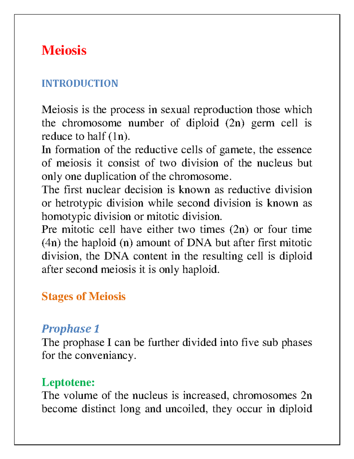 Short note on Meiosis - Lab Practical notes - Meiosis INTRODUCTION ...