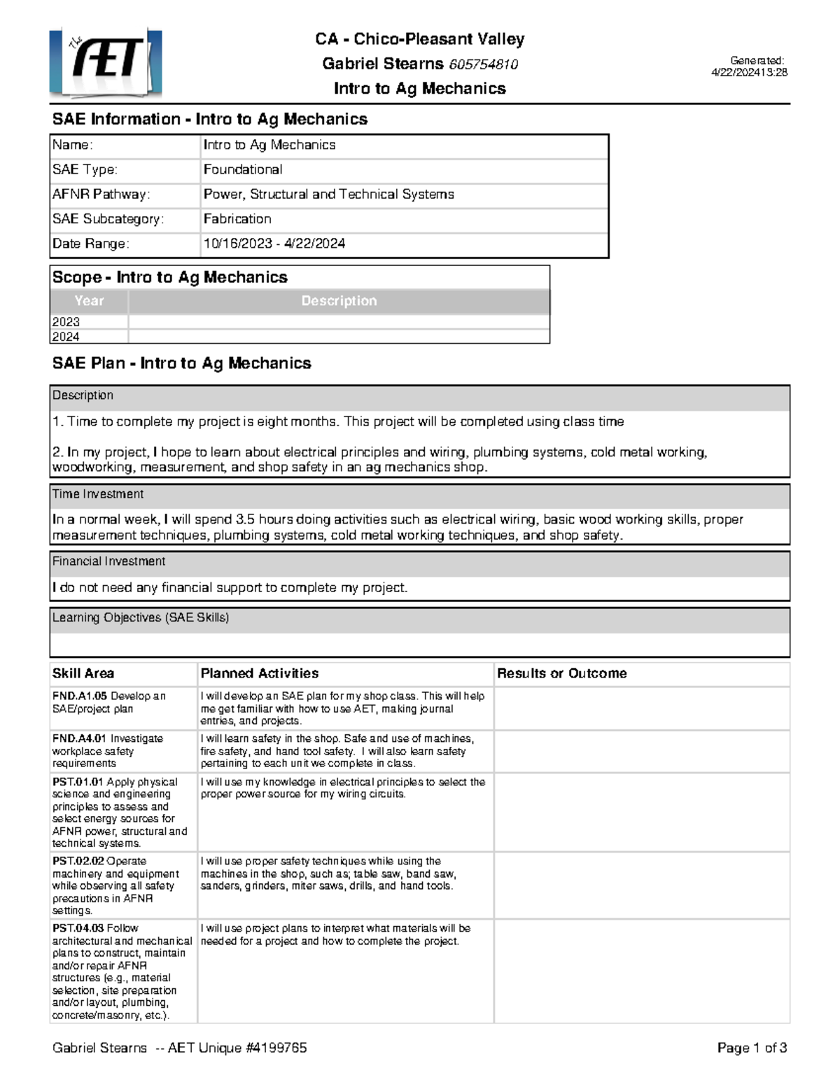 SAEReport 5703449 yes CA ChicoPleasant Valley Gabriel Stearns