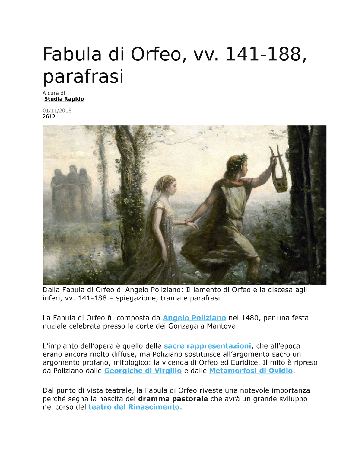 Poliziano Orfeo Fabula Di Orfeo Vv 141 188 Parafrasi A Cura Di