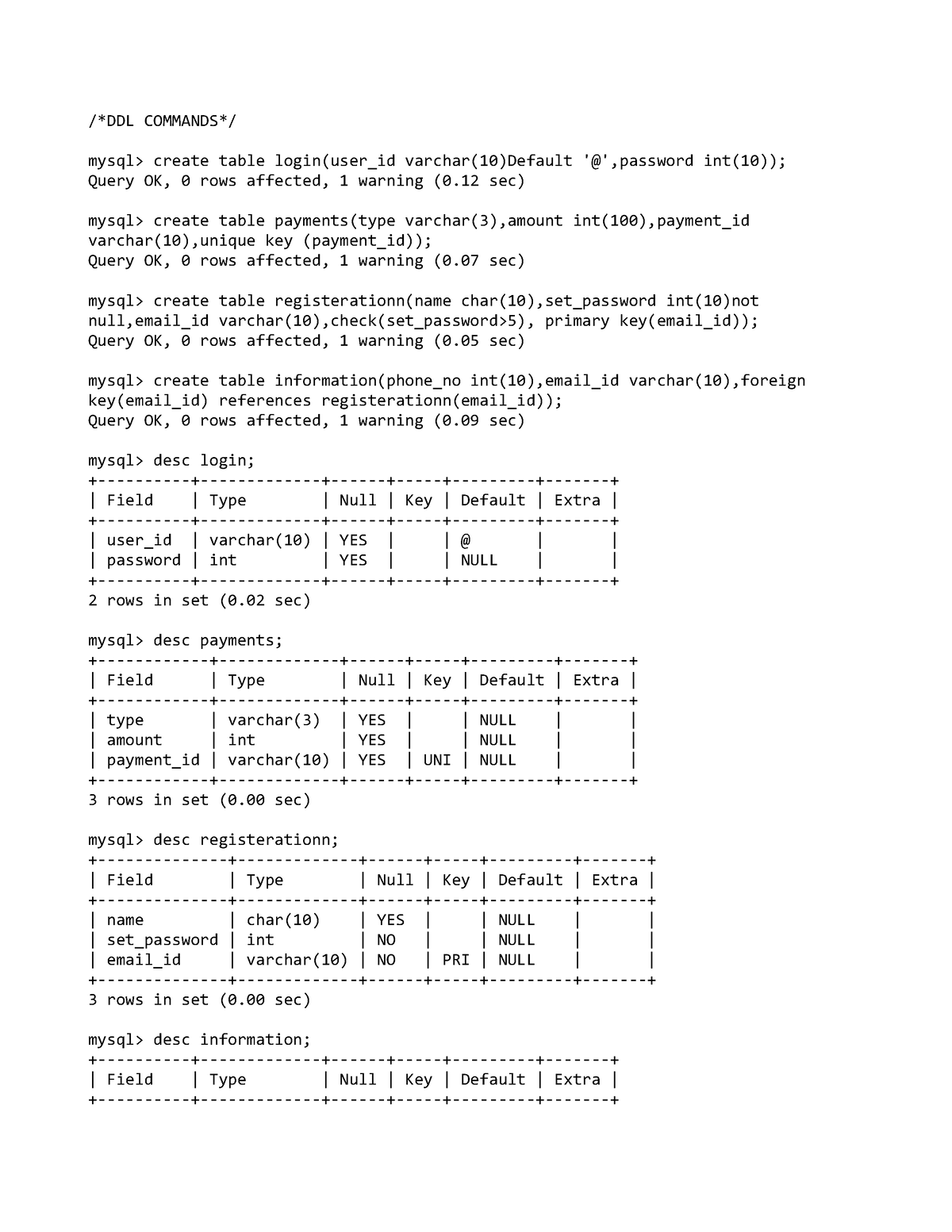 DDL Commands NSA /DDL COMMANDS/ mysql> create table login(user_id