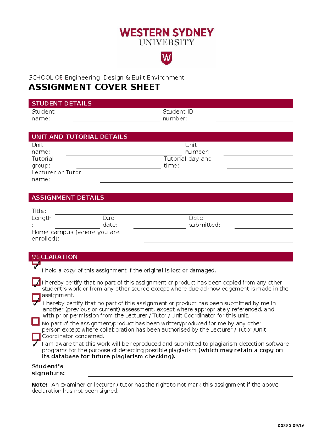 Assignment cover sheet- Fillable online - SCHOOL OF Engineering, Design ...