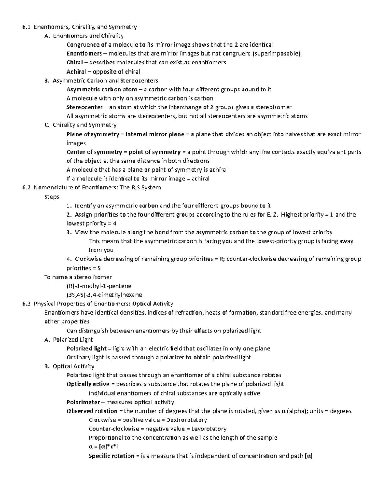 Orgo Notes - Chapter 6 - Summary Organic Chemistry - 6 Enantiomers ...