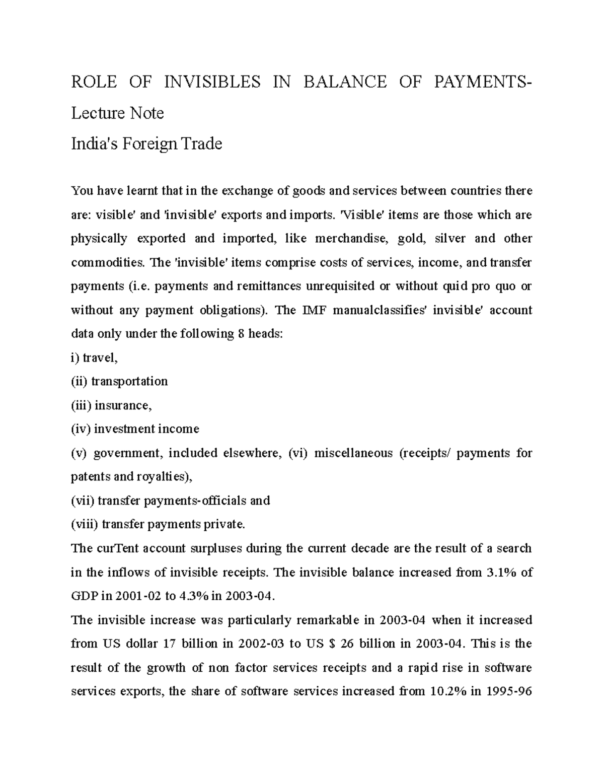 ROLE OF Invisibles IN Balance OF Payments- Summary - ROLE OF INVISIBLES ...