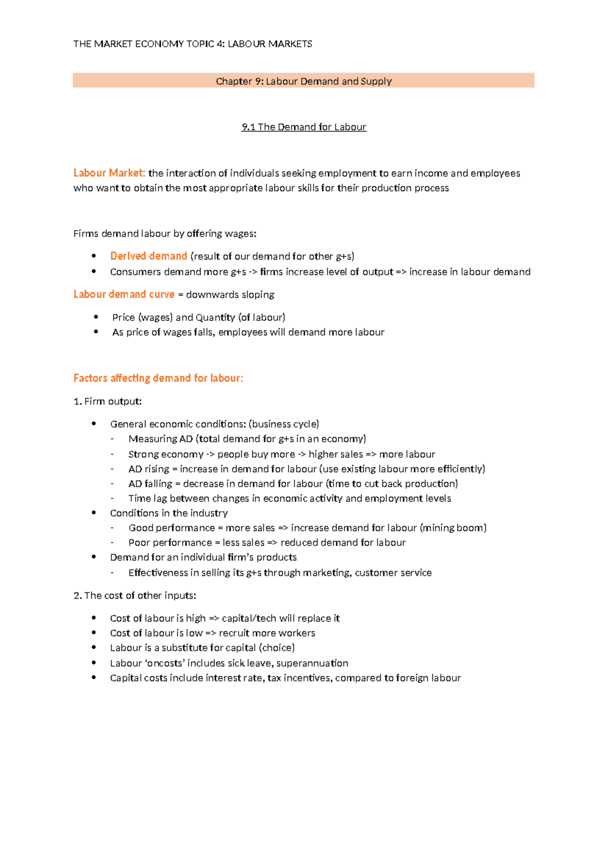 The Market Economy Summary Notes Topic 4 - Chapter 9: Labour Demand and ...