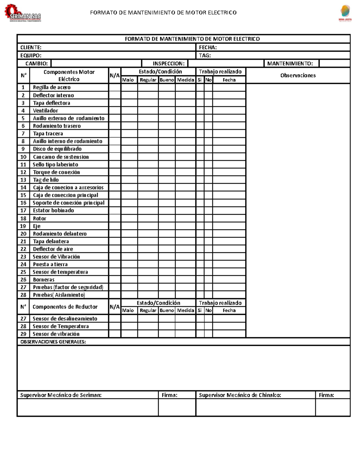 Formato DE Mantenimiento DE Motor Electrico - Gestión De Mantenimiento ...