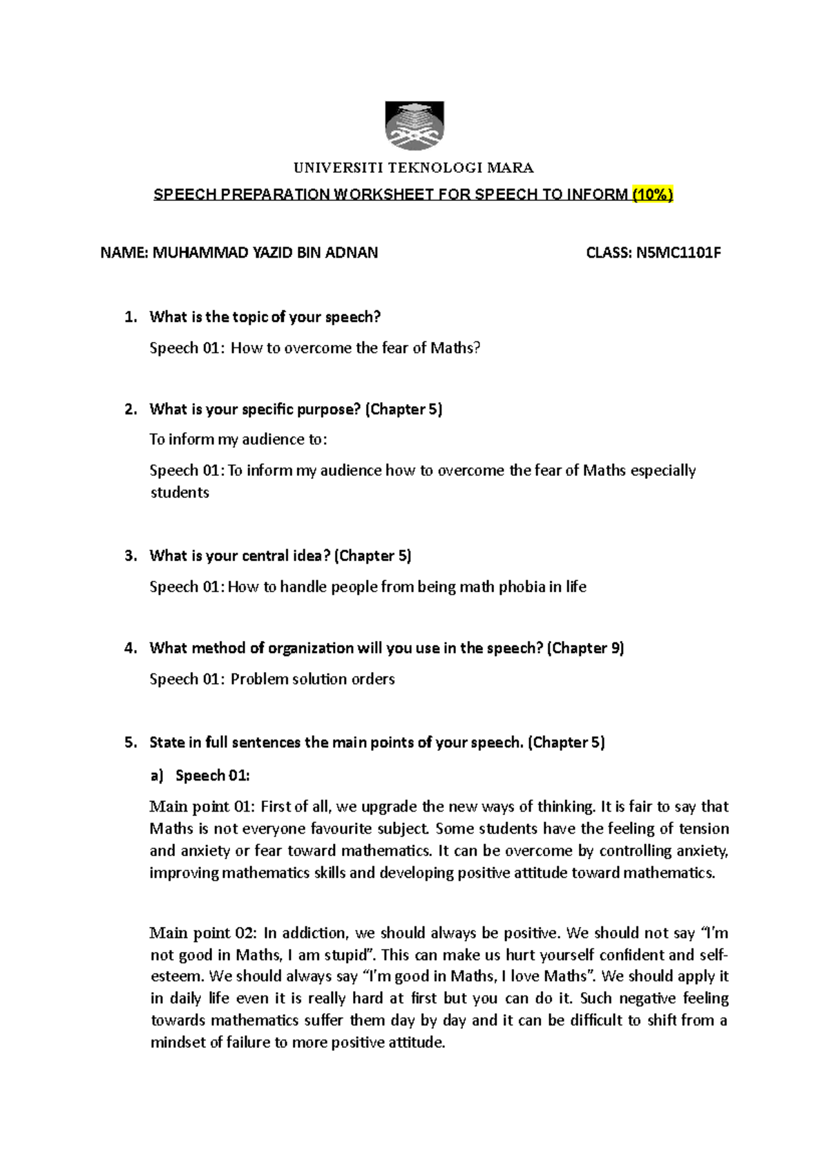 Worksheet - Speech TO Inform - UNIVERSITI TEKNOLOGI MARA SPEECH ...
