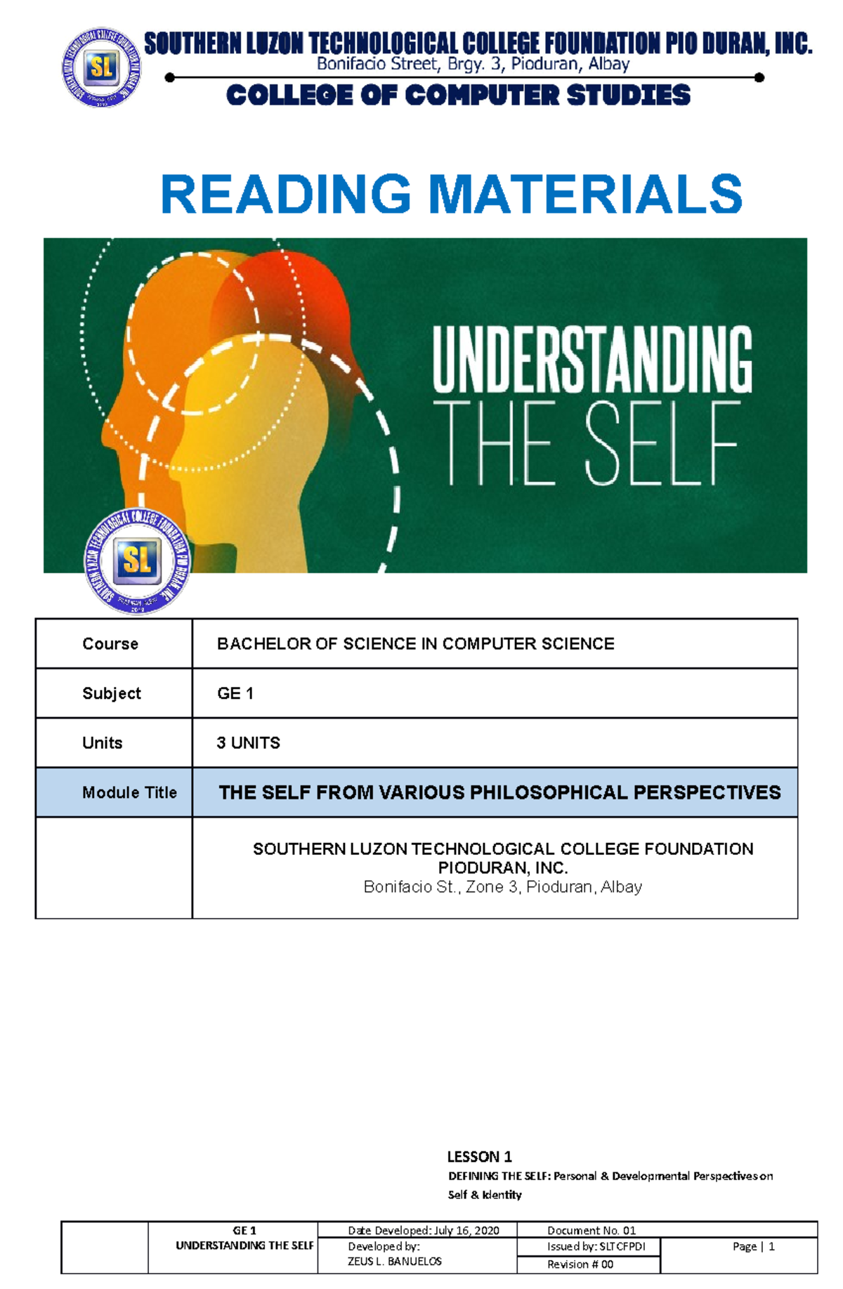 Module 1 - Understanding the Self - LESSON 1 DEFINING THE SELF ...