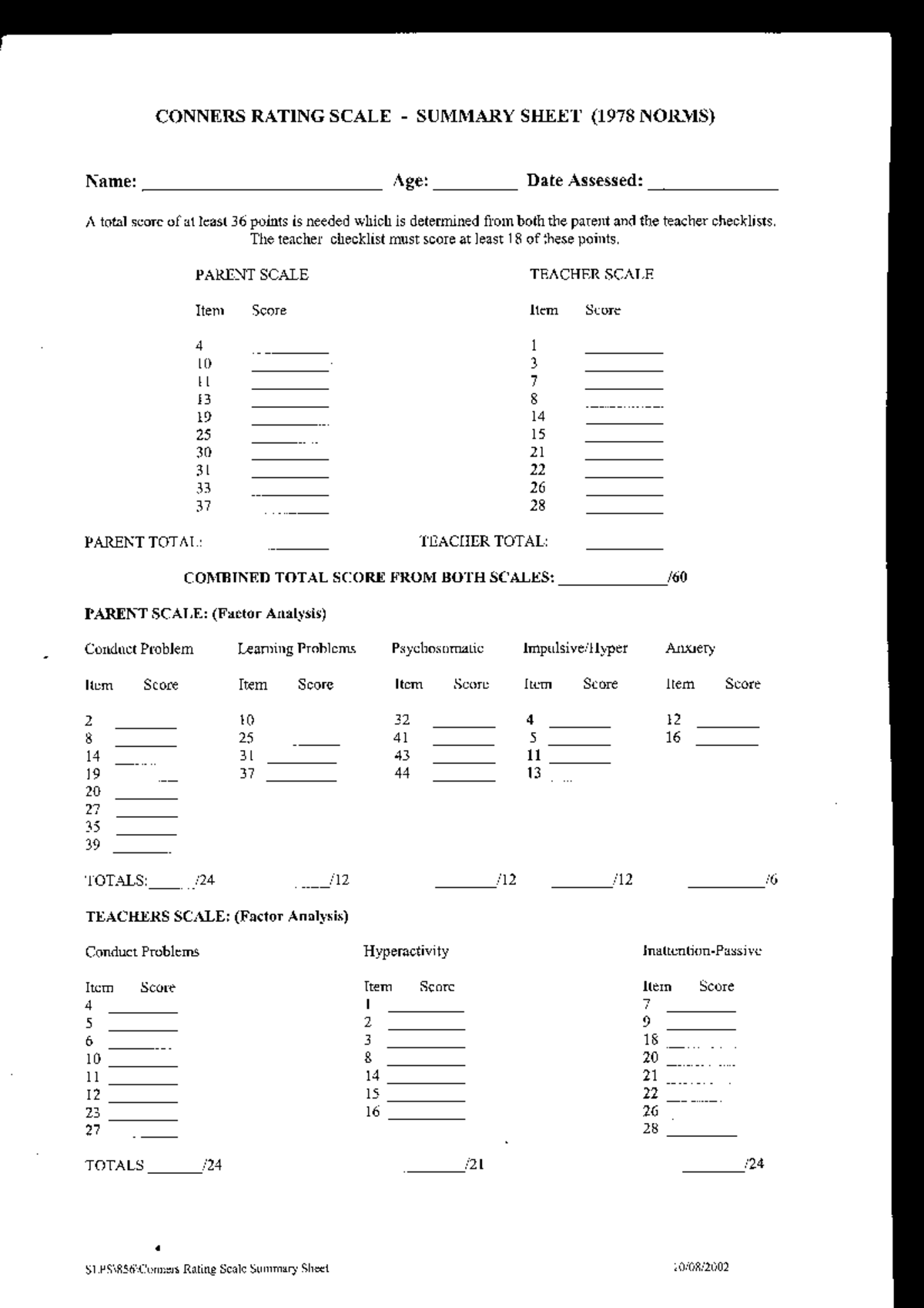 Connors ADD Checklist - Checklist de Connors - CONNERSRATI NGSCALE ...