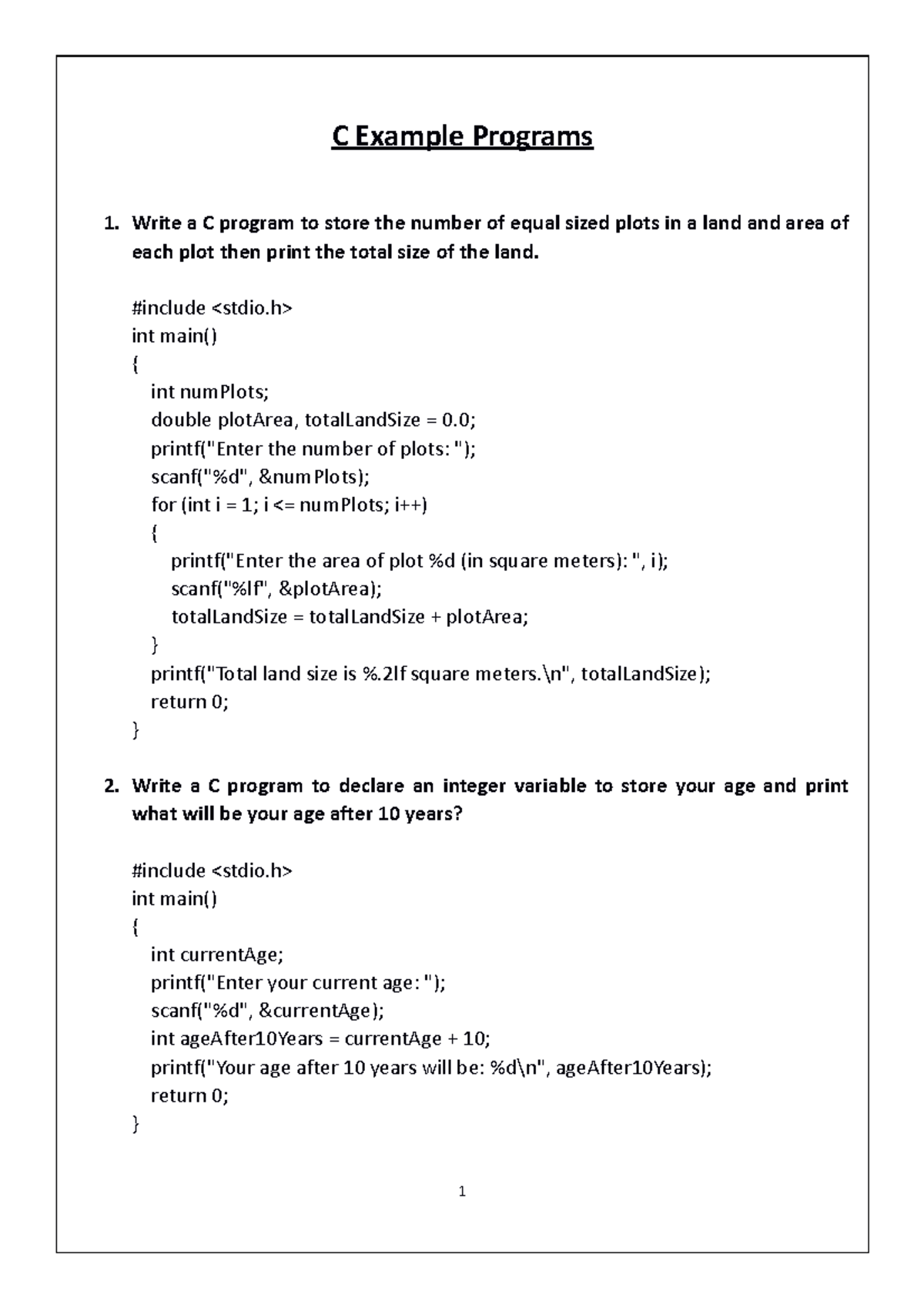 C Course handout programs - C Example Programs 1. Write a C program to ...