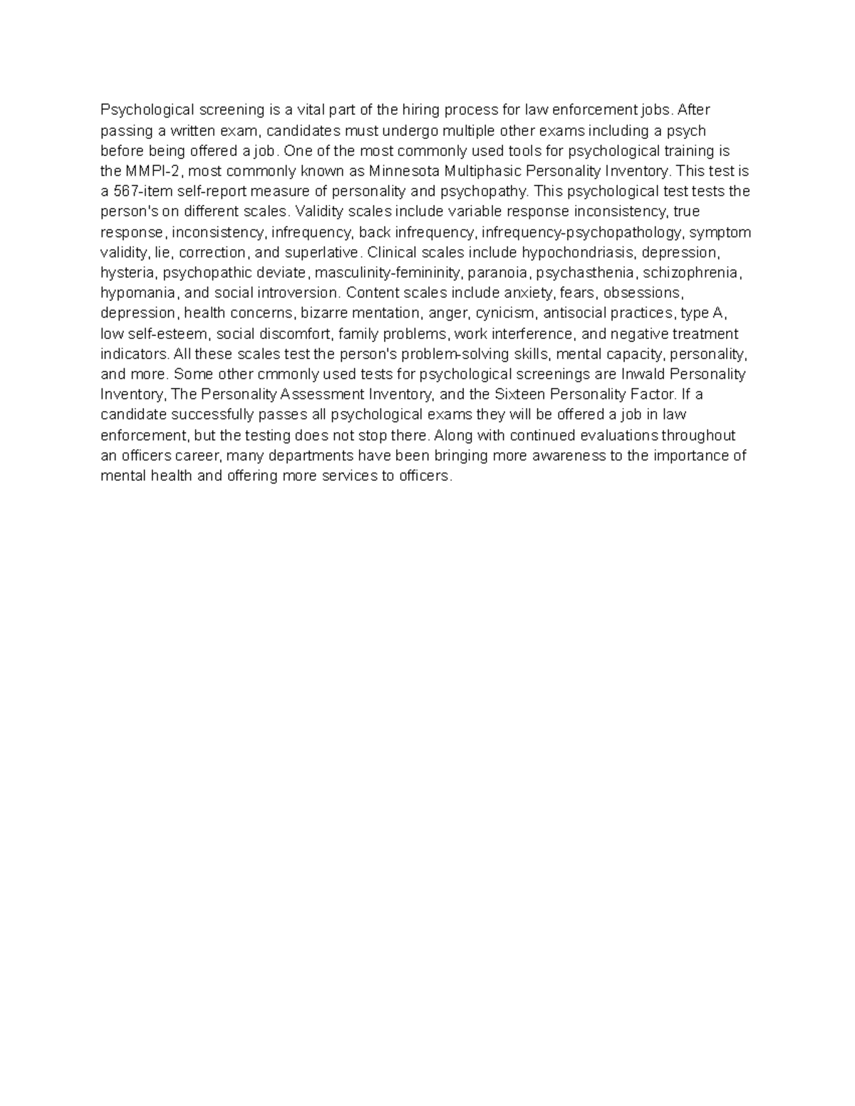 Psych discussion 3 Psychological screening is a vital part of the