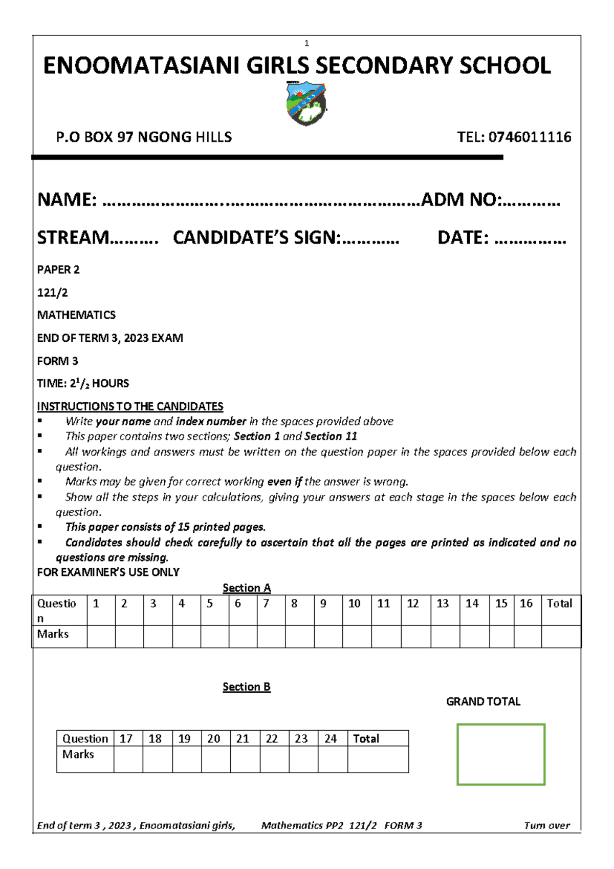 END OF TERM 3, FORM 3 PP2, 2023 - ENOOMATASIANI GIRLS SECONDARY SCHOOL ...