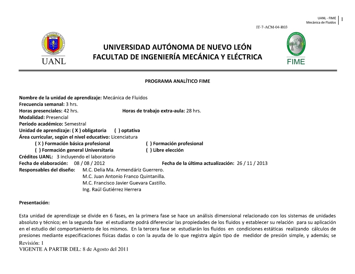 Mecanica De Fluidos FIME - Mec·nica De Fluidos 1 IT-7-ACM-04-R Revisión ...