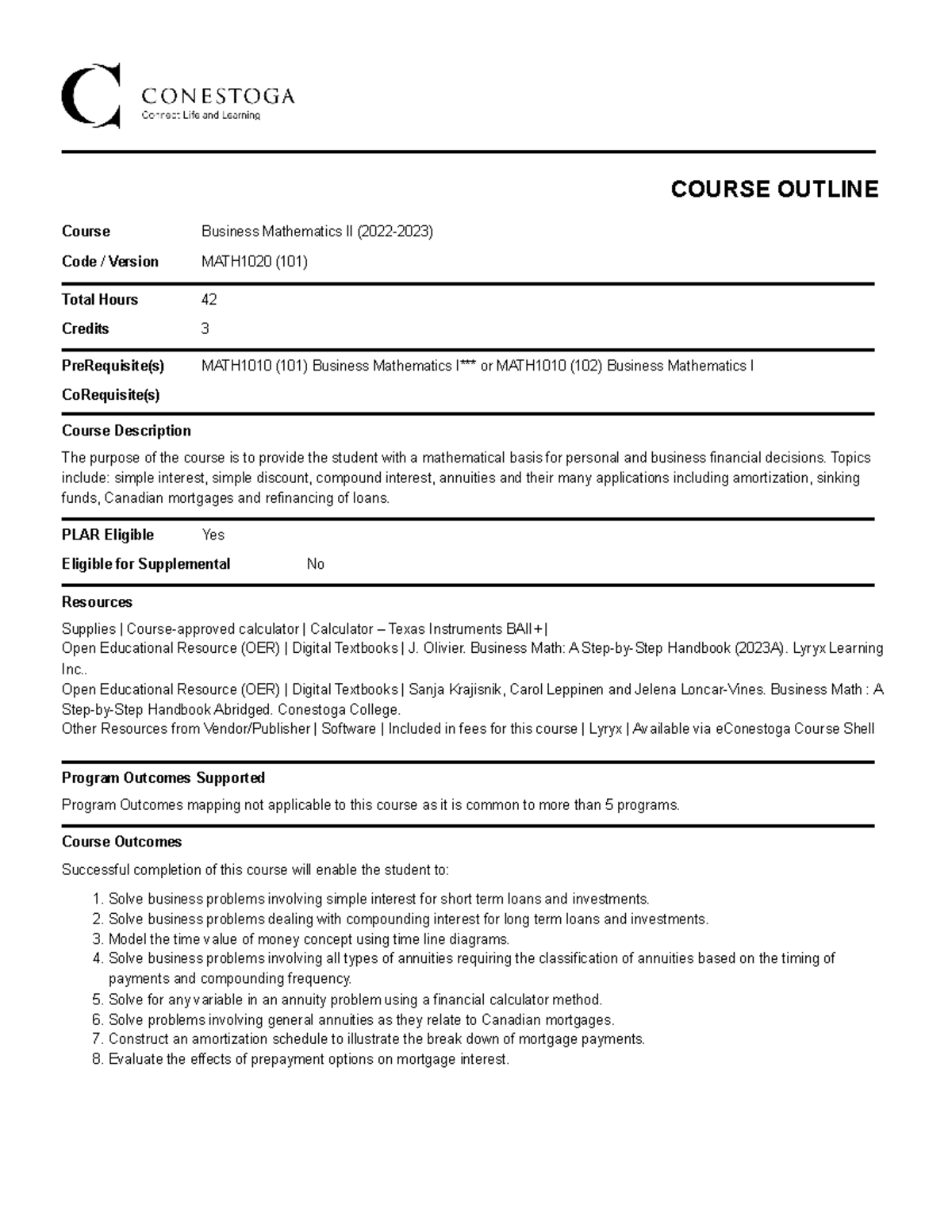 MATH1020 - Syllabus - COURSE OUTLINE Course Business Mathematics II ...