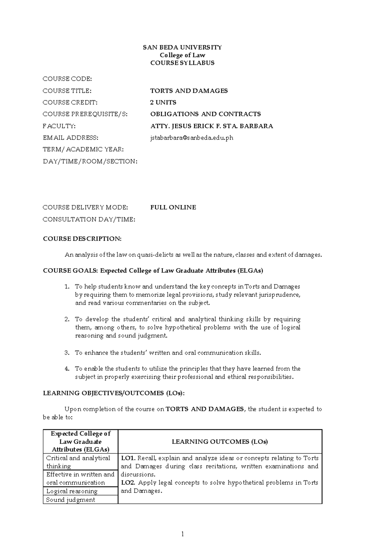 Clean-JFS2-Updated Syllabus (Torts and Damages)-29 Jul 22 - SAN BEDA ...