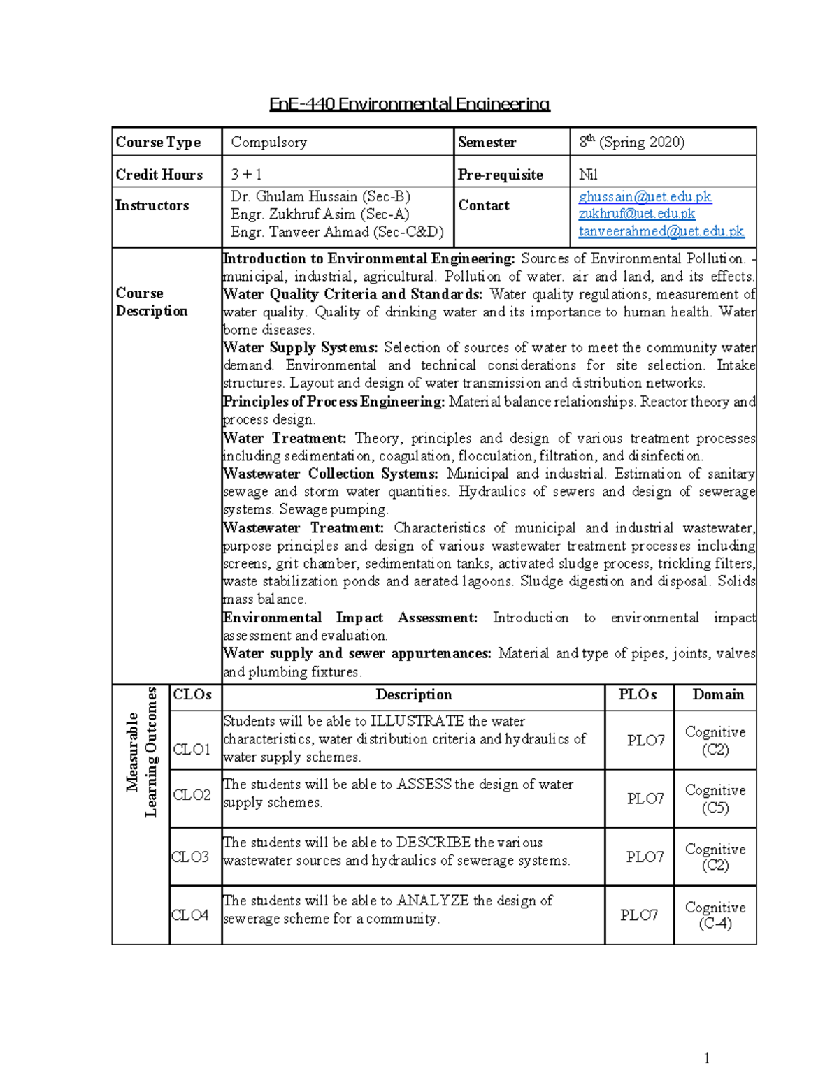Env Engg Lec Plan - lecture contents - 1 EnE-440 Environmental ...