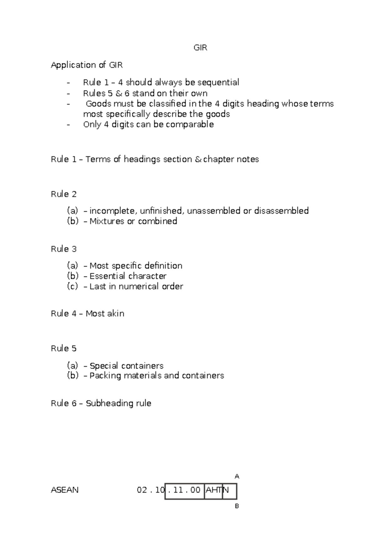 Major SUBJ Notes - GIR Application of GIR - Rule 1 – 4 should always be ...