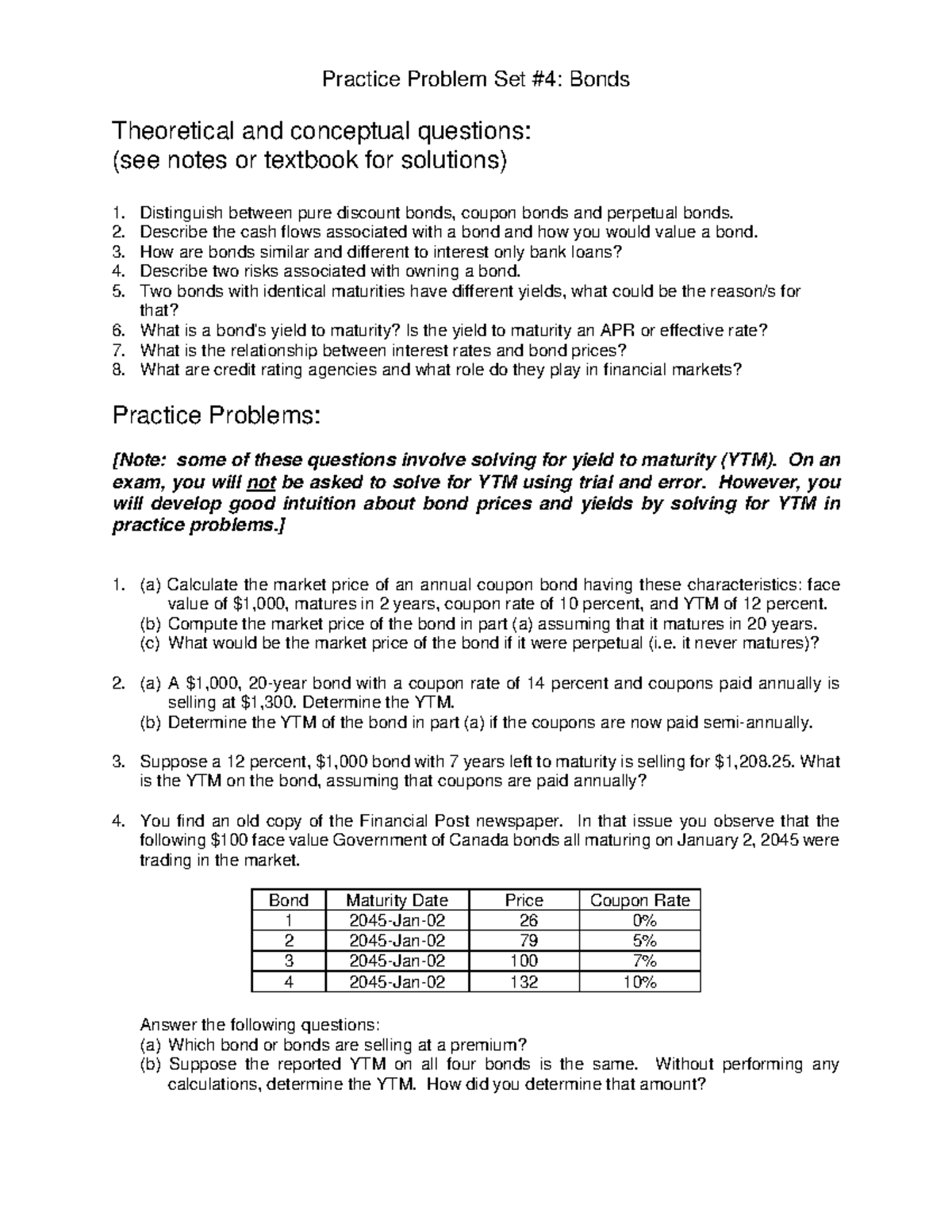 Bonds I - Practice Problem Set #4: Bonds Theoretical and conceptual ...