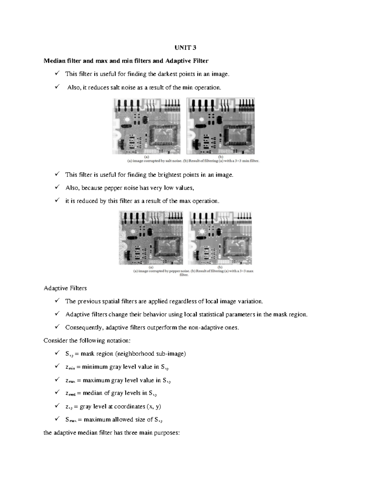 UNIT 3 - Median Filter, Adaptive Filter, Adaptive Filters, Max And Min ...