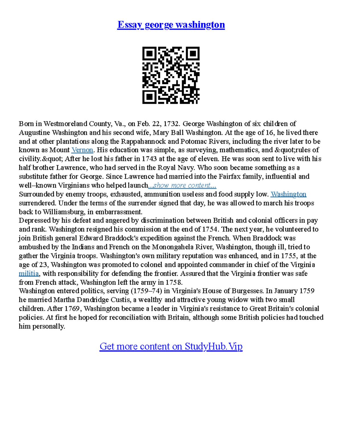 Washington Essay Essay washington Born in Westmoreland