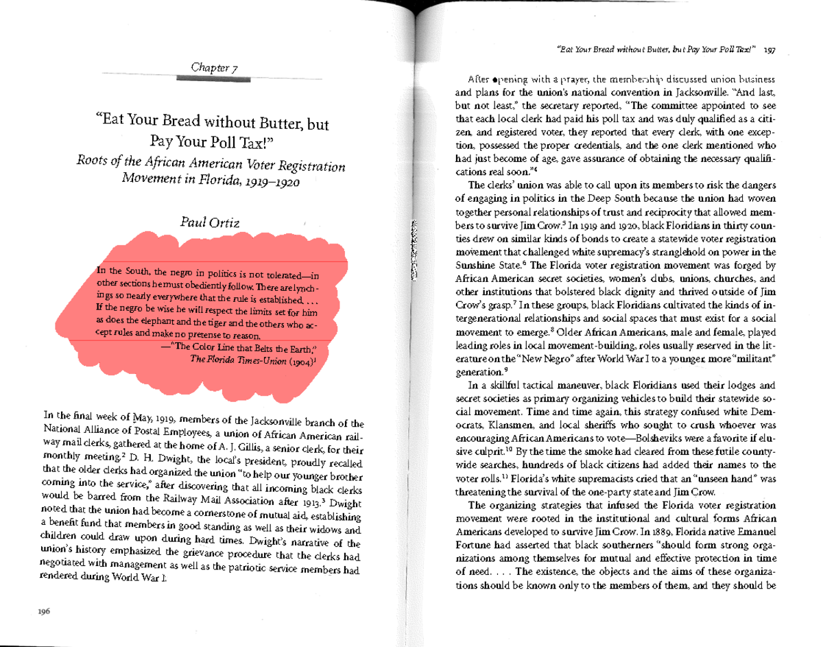 Paul Ortiz Reading Chapter 7 "Eat Your Bread without Butter, but Pay Your Poll Tax!" Studocu