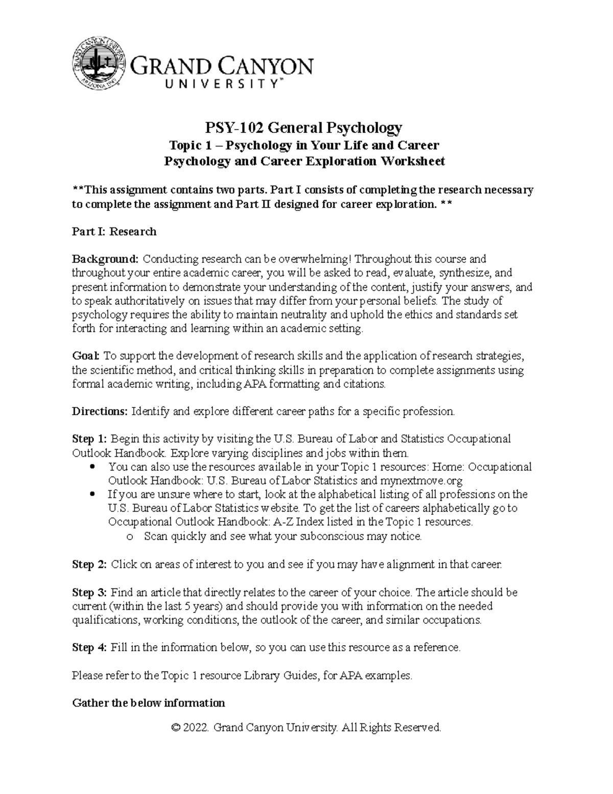 PSY 102 T1 RS Psychologyand Career Exploration Worksheet - PSY-102 ...