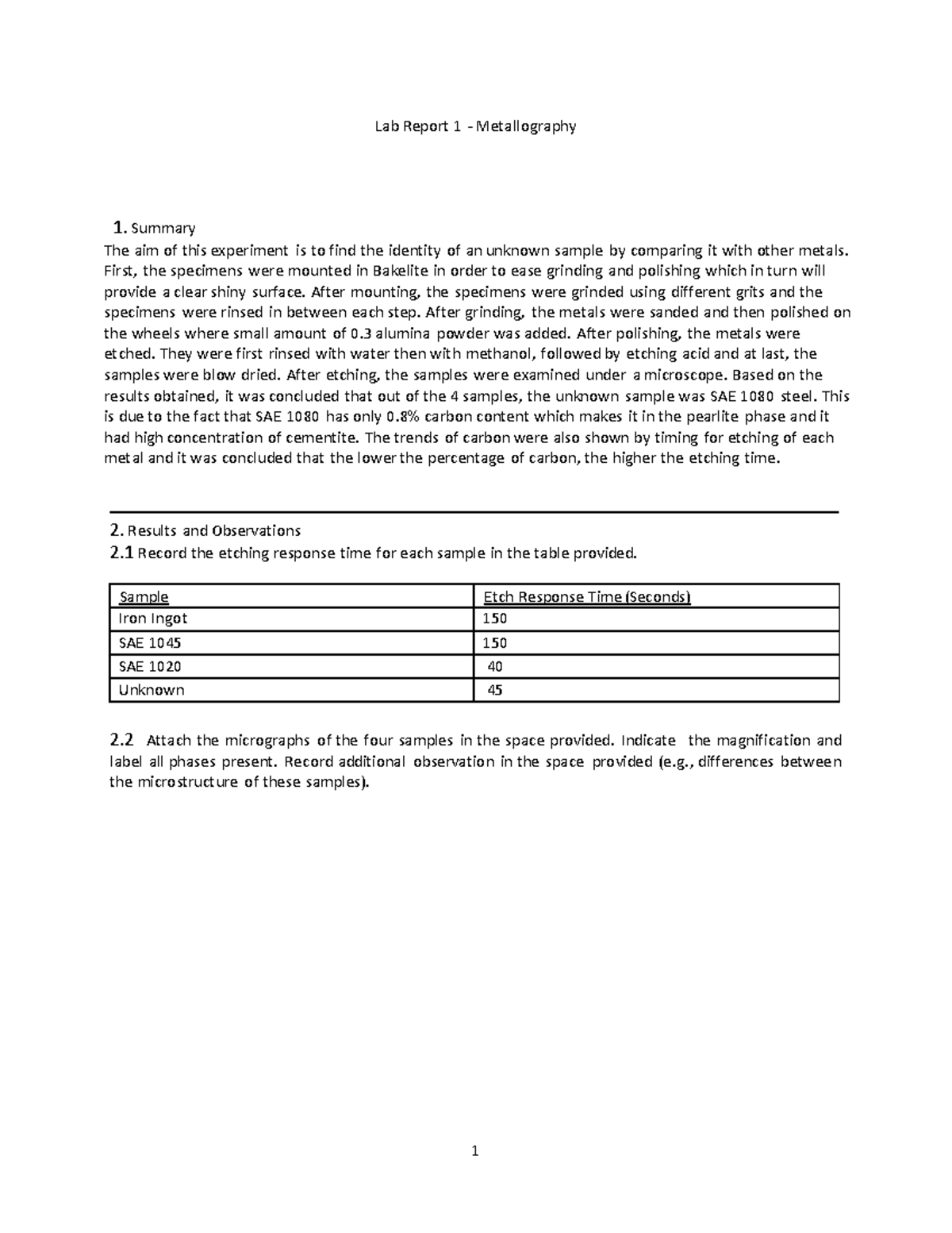 MAAE2700 Lab 01 Metallography Lab Report 1 ‐ Metallography 1