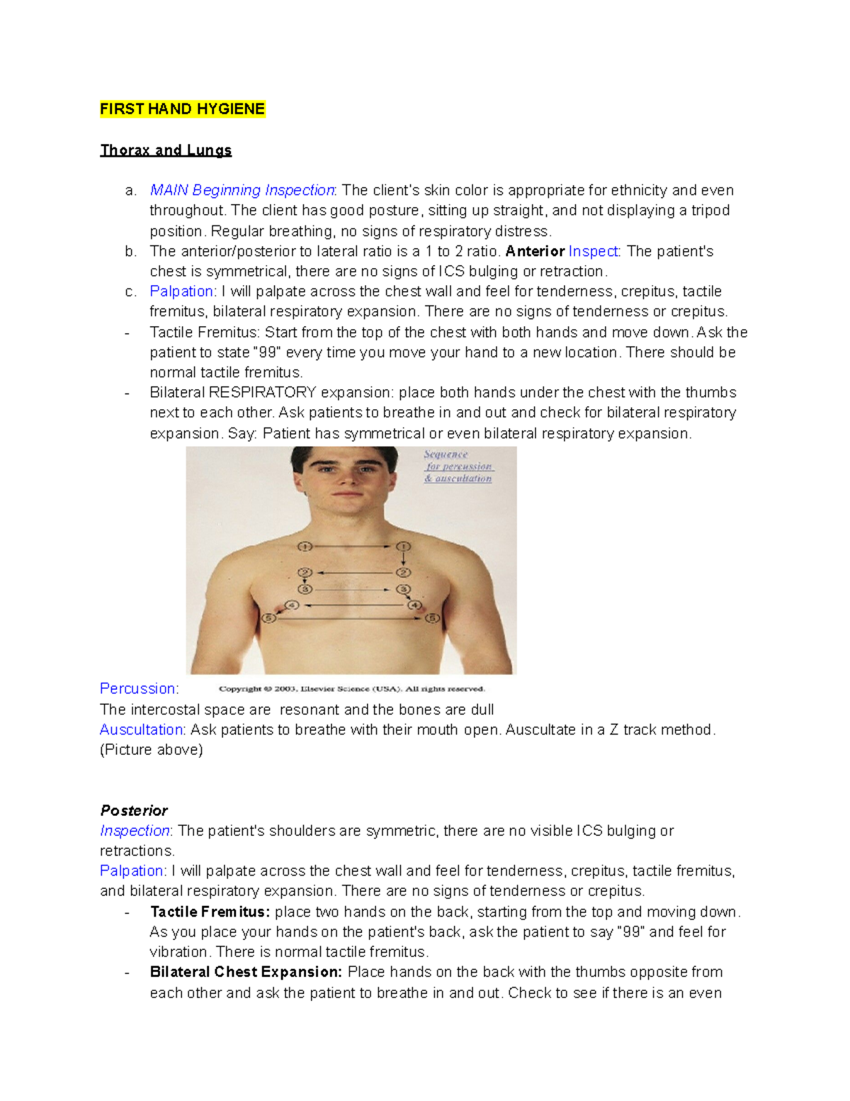 Health Assessment - Nnn - First Hand Hygiene Thorax And Lungs A. Main 