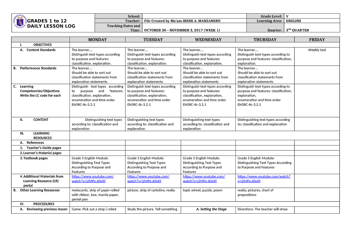 Dll English 5 Q3 W1 Dll Plan Grades 1 To 12 Daily Lesson Log School Grade Level V Teacher 3676