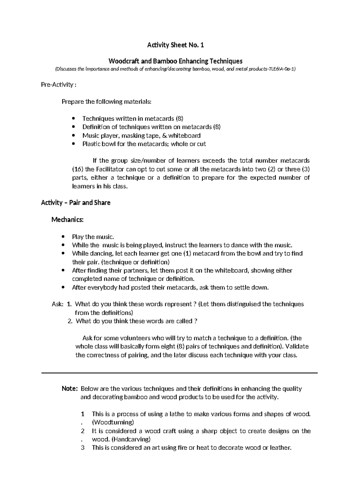 Activity Sheets TLEIA (WEEK 1) Activity Sheet No. 1 Woodcraft and