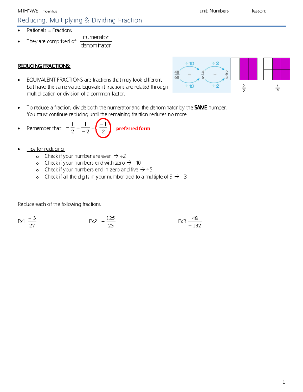 1.5 Reduce Multiply Divide Fractions Reducing, Multiplying & Dividing