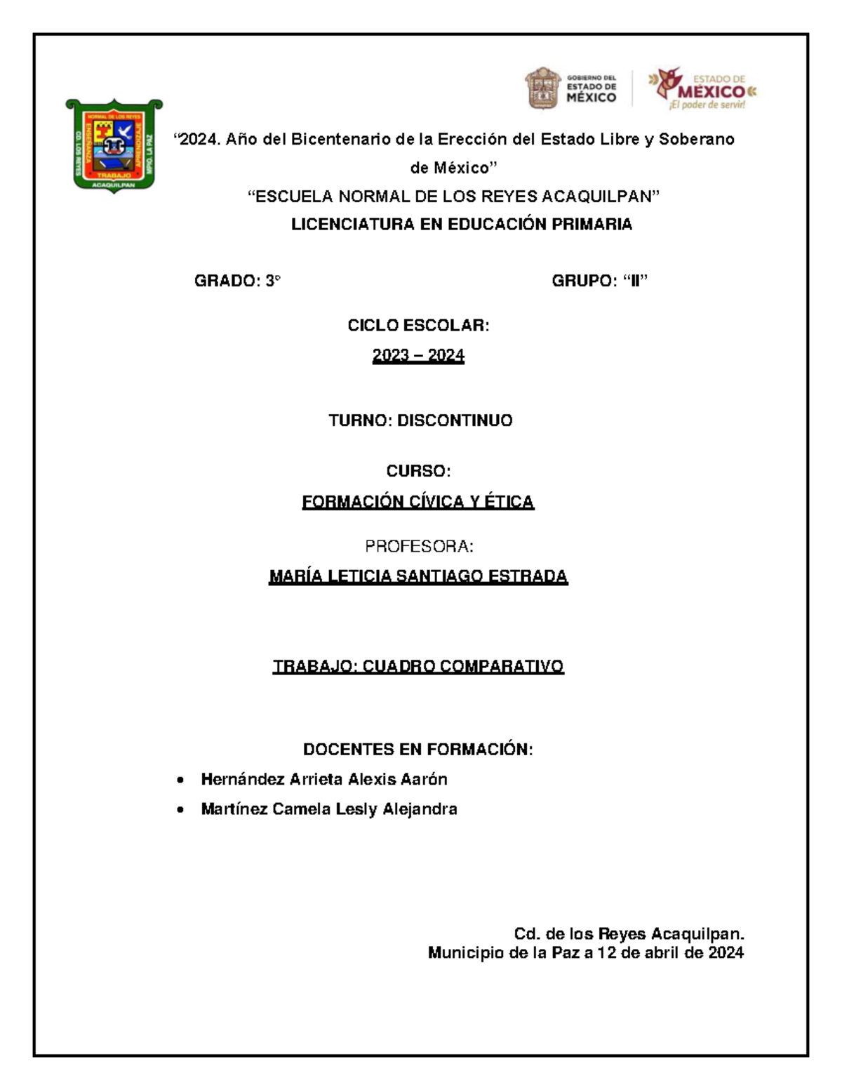 Cuadro Comparativo “2024 Año Del Bicentenario De La Erección Del Estado Libre Y Soberano De 4357