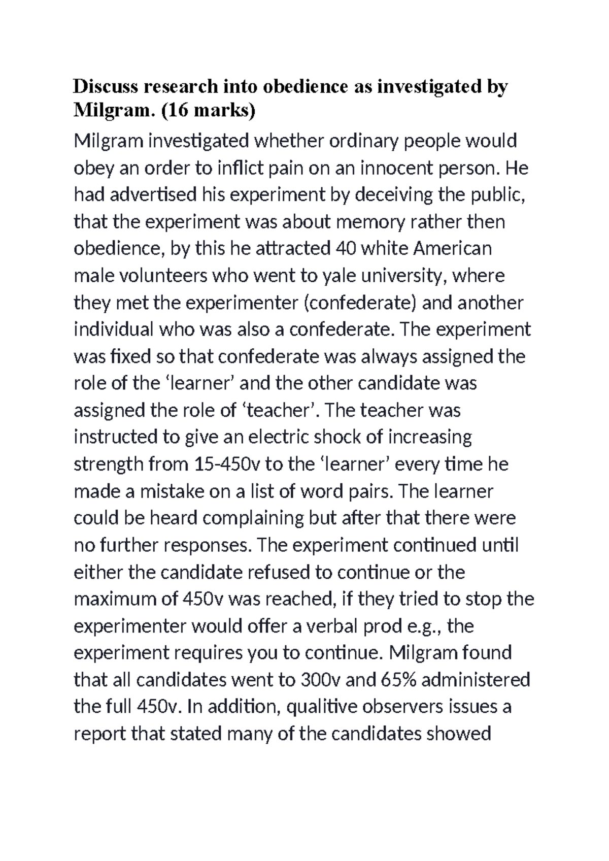 Discuss research into obedience as investigated by Milgram - (16 marks ...
