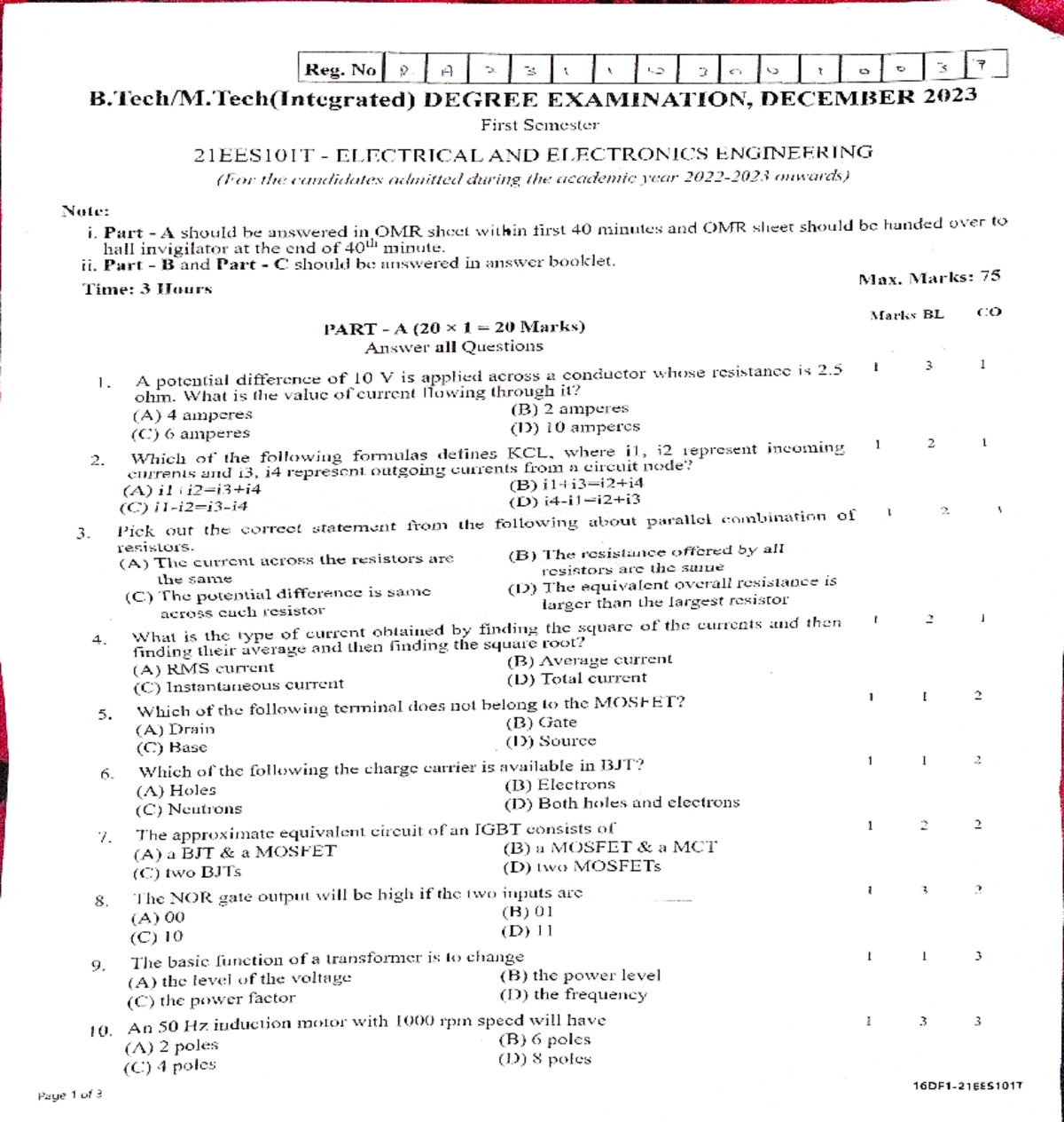 21EES101T - Electrical AND Electronics Engineering - Note: 3 B.Tech/M ...