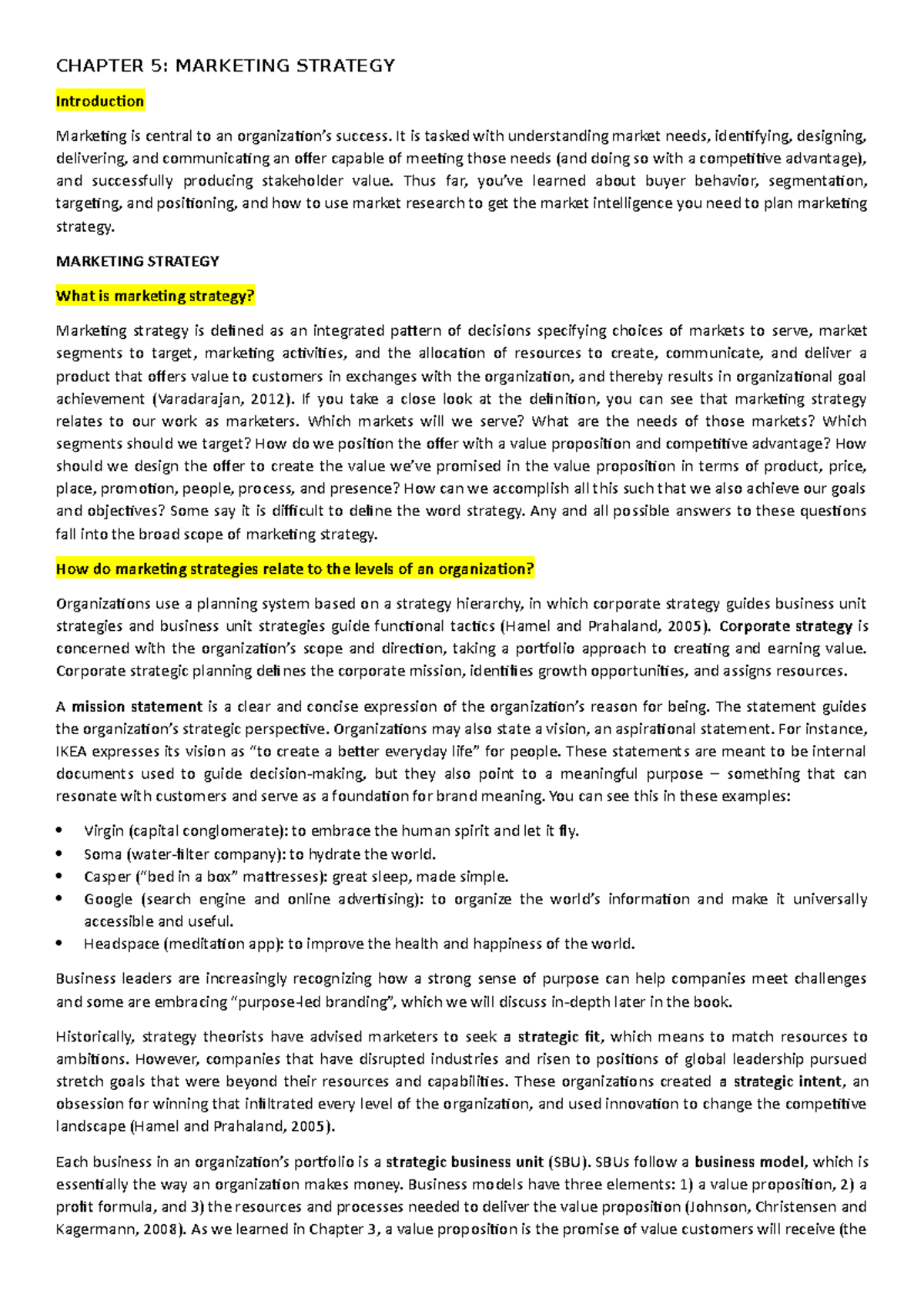 Chapter 5 - notes - CHAPTER 5: MARKETING STRATEGY Introduction ...