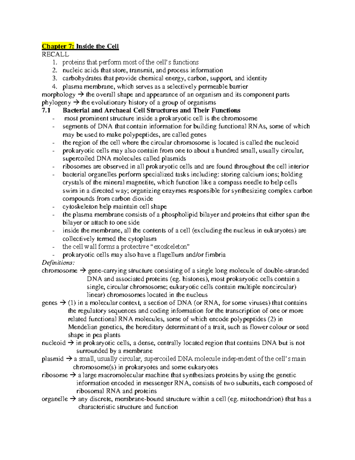 BIOL 102 - Chapter 7 Notes - Chapter 7: Inside the Cell RECALL 1 ...