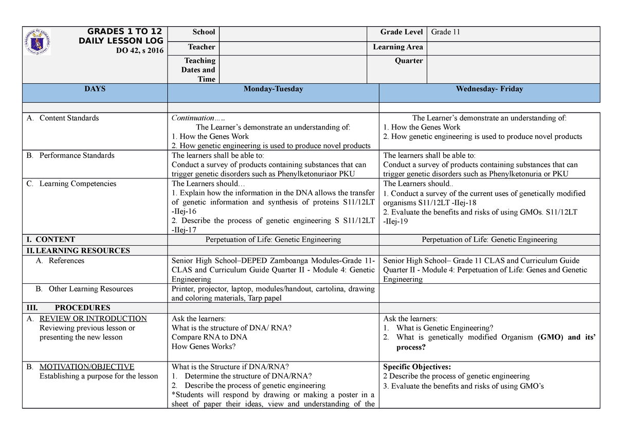 Deteailed Lesson Plan 2023 Format S Grades 1 To 12 Daily Lesson Log Do 42 S 2016 School Grade 8542