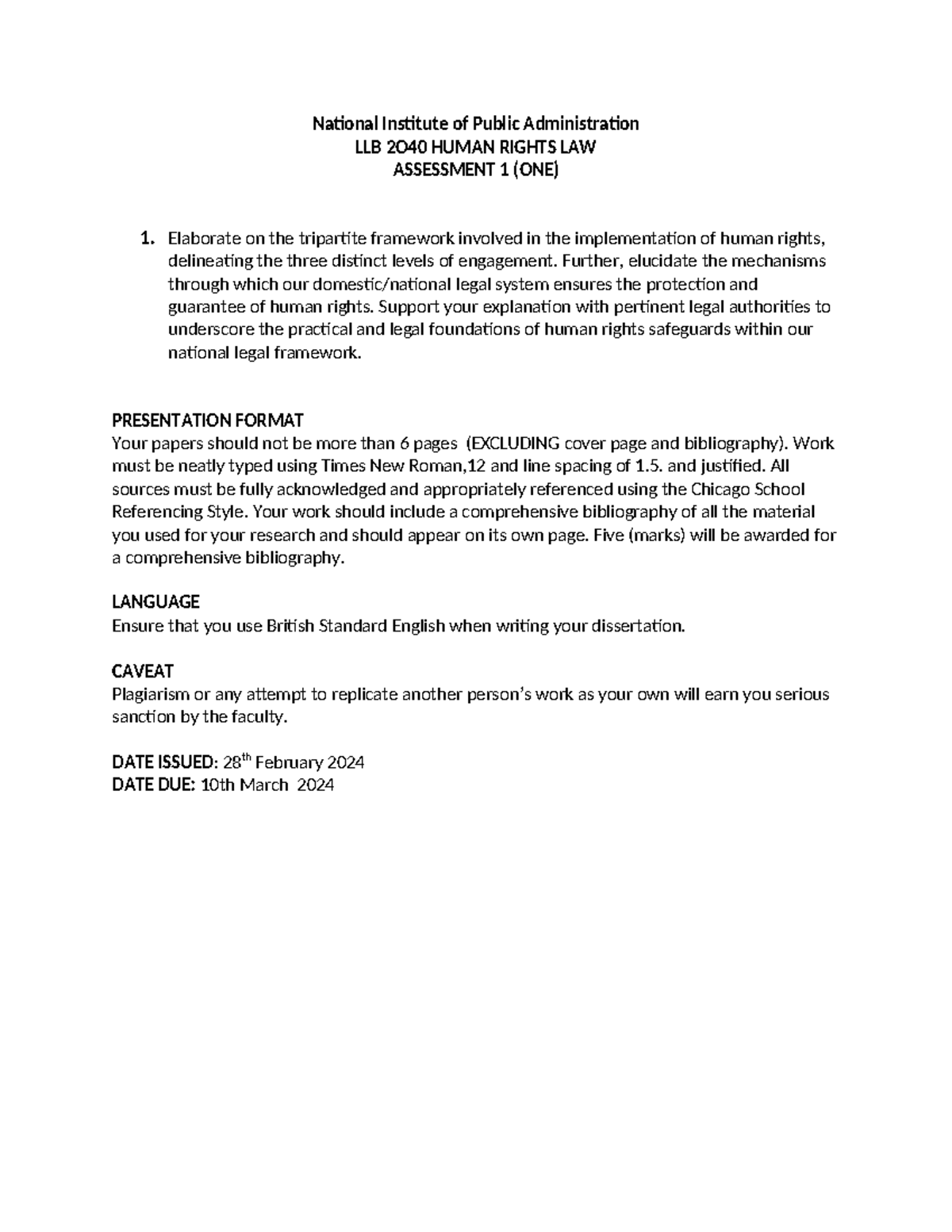 Human Rights LAW 1 - National Institute of Public Administration LLB ...